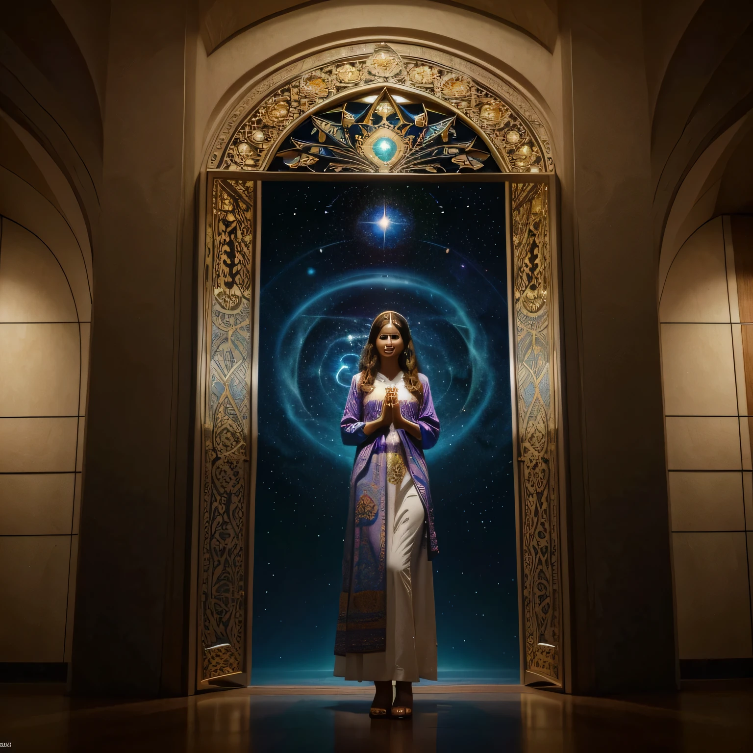 (4k, Filmagem ao vivo, Mais alta qualidade, obra de arte: 1.2), (Real, foto real: 1.37), Viajante Dimensional, Corpo Consciente, Observation Meditation, Stargate, Chakras Harmonizados, Teoria das cordas, 10th Dimensional, Fractal, Quantum Vibration, Light waves and particles, 20 anos de idade, 3 mulheres idosas, wearing tunics and with flowers in their hands.