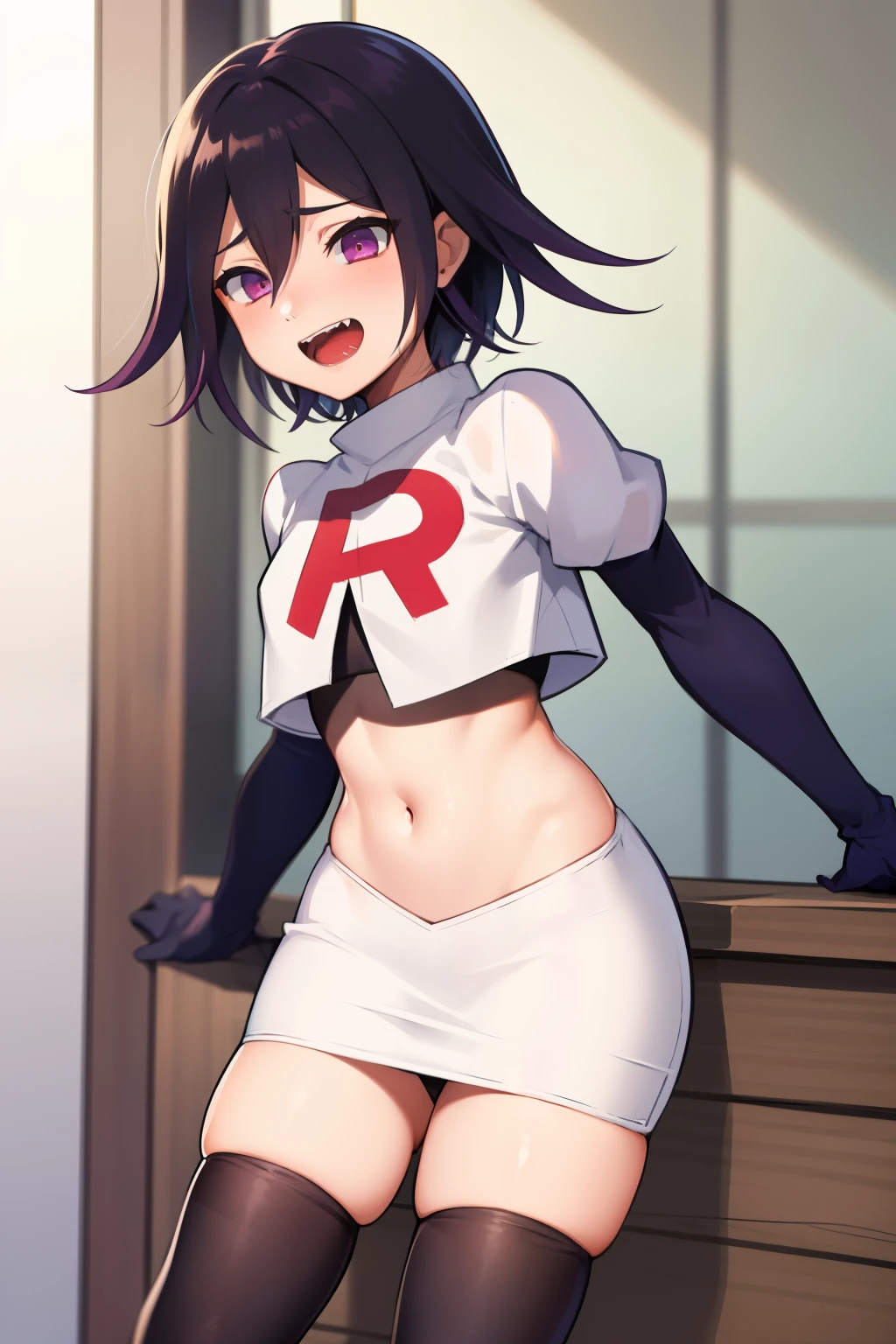 absurdres, cowboy shot, solo, male focus, trap, 1boy, crossdressing,1boy, oma kokichi, team rocket,team rocket uniform,white skirt,red letter R,crop top,black thigh-highs,black elbow gloves, evil laugh, blush
