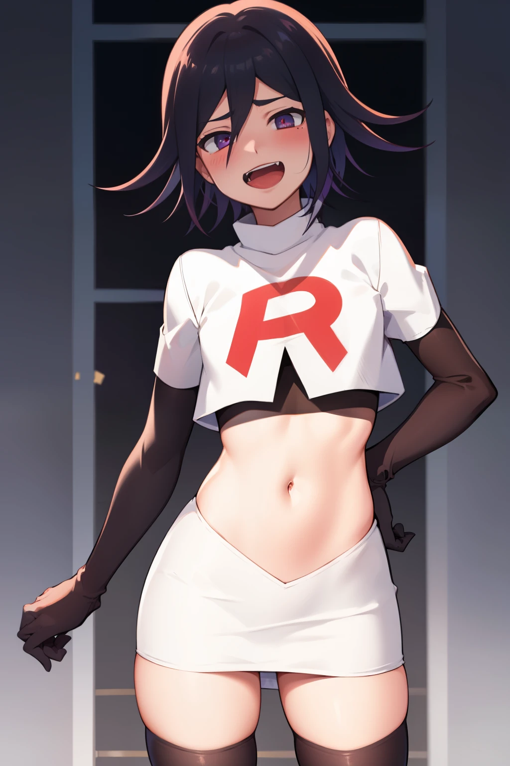 absurdres, cowboy shot, solo, male focus, trap, 1boy, crossdressing,1boy, oma kokichi, team rocket,team rocket uniform,white skirt,red letter R,crop top,black thigh-highs,black elbow gloves, evil laugh, blush