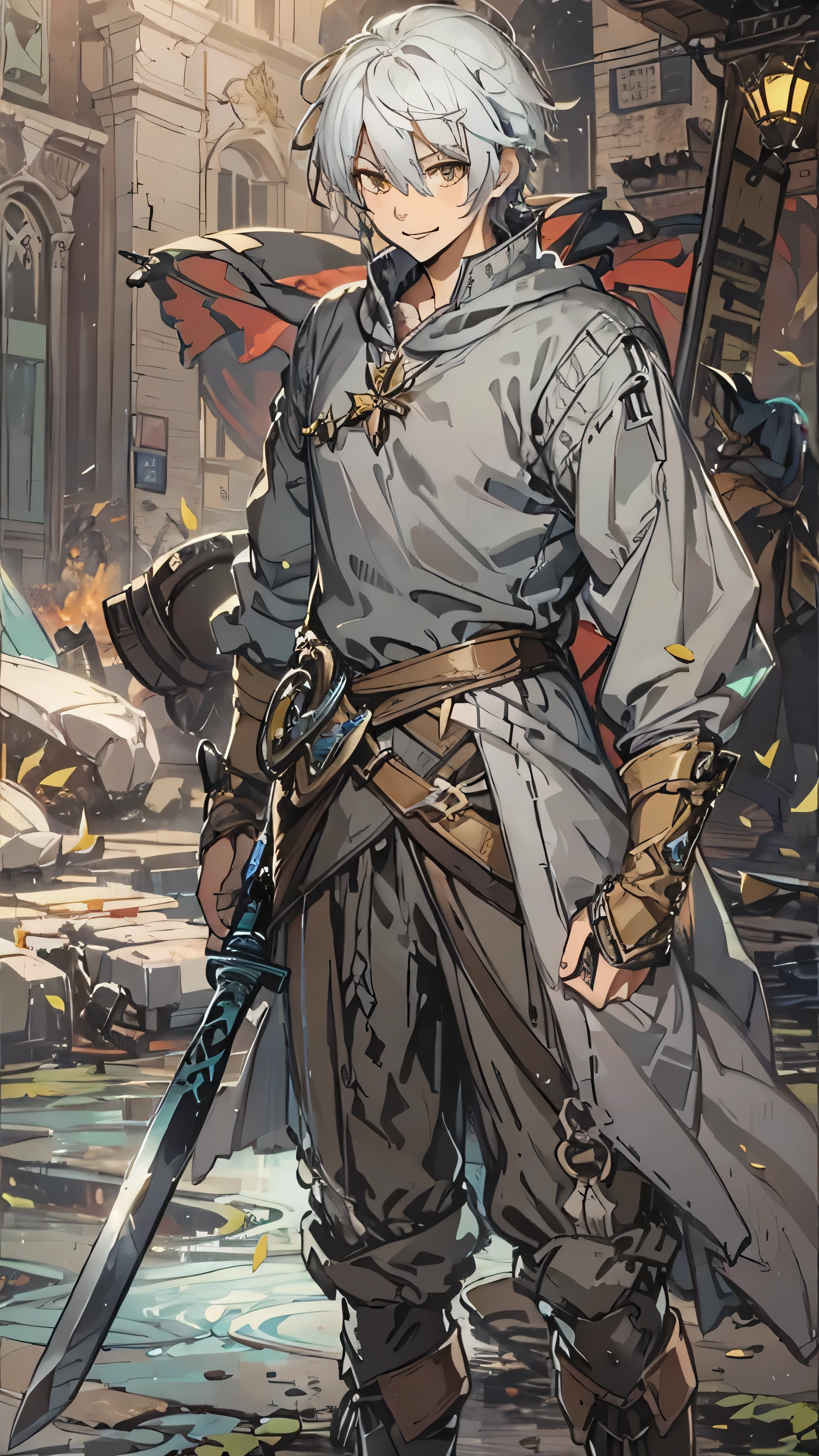 Medieval fantasy, Tall male adventurer wearing gray slim tunic, brown boots short white hair, gold eyes, sword on hilt, smiling face, Gacha splash art, Windy background, action pose