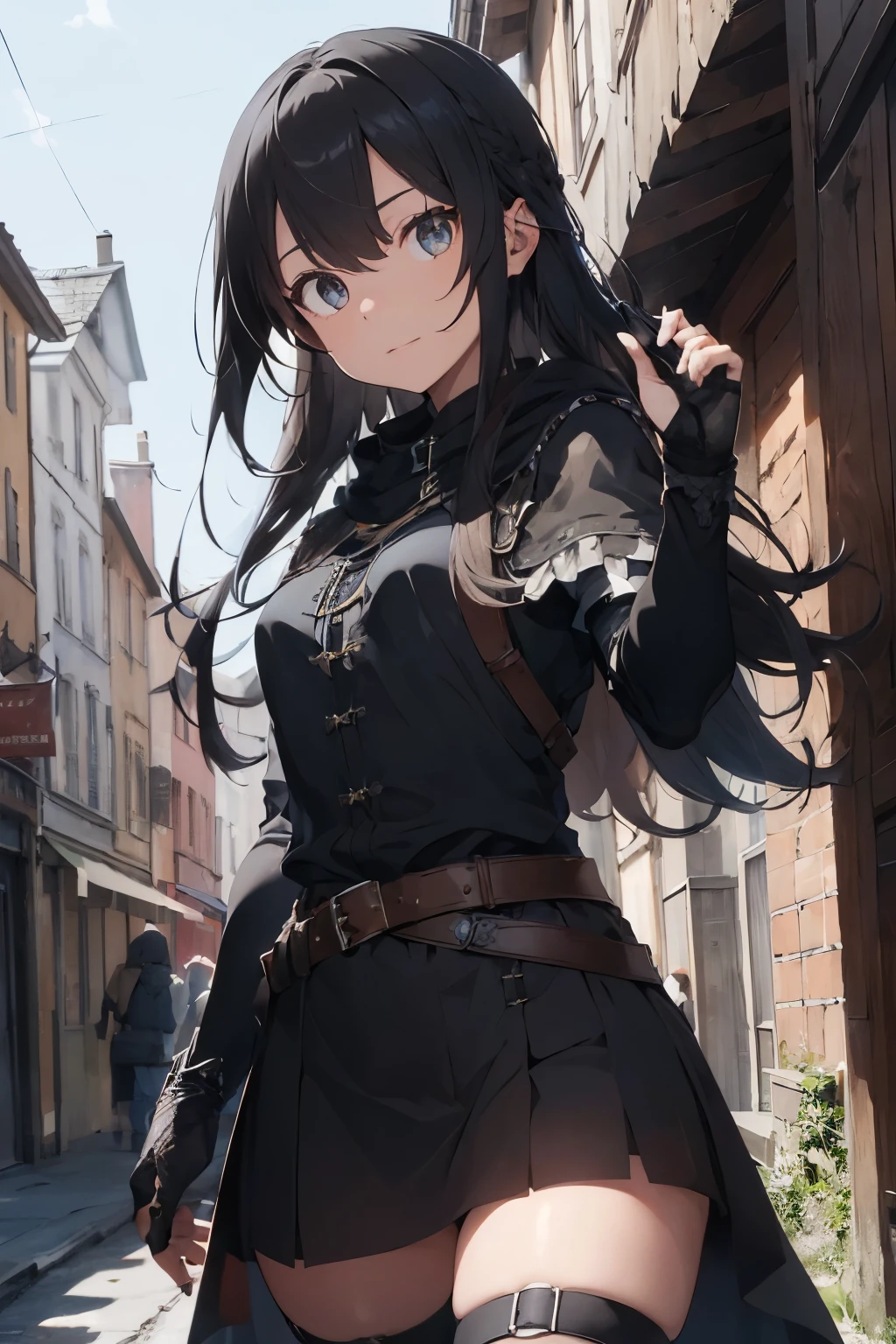 ((best quality)), ((Meisterwerk)), (detailliert), perfektes Gesicht, (Meisterwerk, best quality, detaillierter Hintergrund, Komplizierte Details), Fantasy-Thema, black hair, long hair, Im Inneren des Dungeons, 1girl,ager , Zauberer, Magier lange robe, Schwarzer Umhang, Bandana, grau Augen, Dagger on the hip, Belt bags, selbstbewusster Ausdruck, dynamische Pose, rostige Schatztruhe, Steinmauern, dunkel,schwarze haare, lange haare, umhang,black cloak, light metal armor,