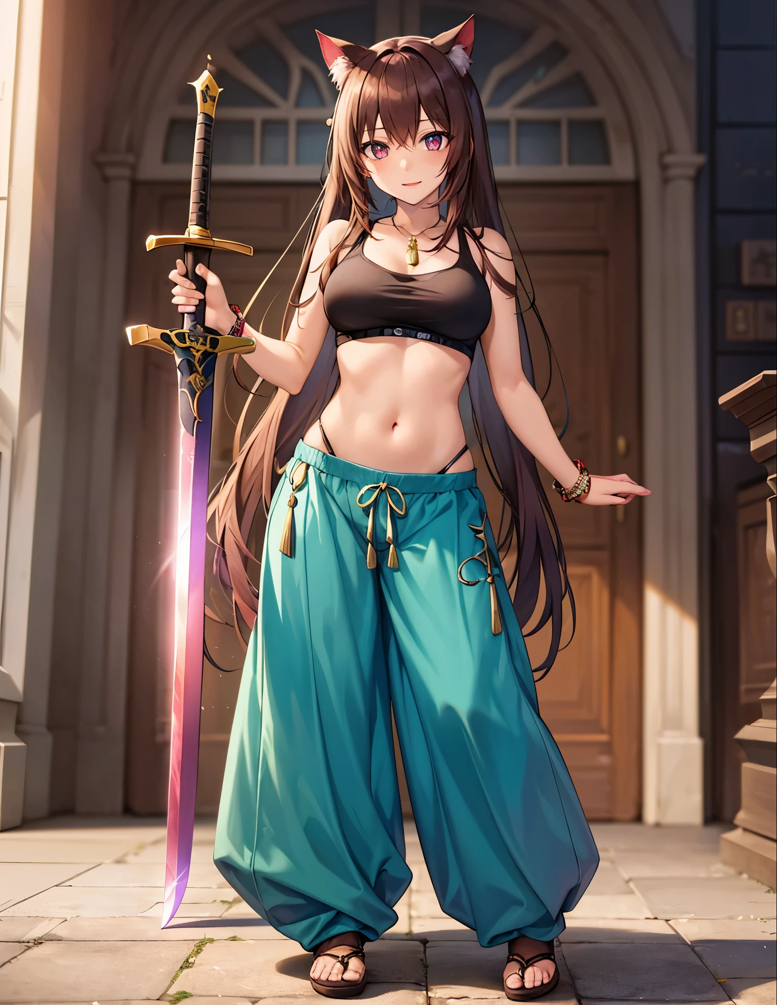 (best quality, 4k, 8k, highres, masterpiece:1.2), ultra-detailed, ((cat girl)), ((burgundy hair)), ((full body)), ((perfect body)), ((standing pose)), ((very baggy and long belly dance harem pants)), ((detailed pants)), ((perfect pants)), ((holding a big sword)), ((detailed sword)), ((perfect sword)), ((fully detailed)), illustration, vivid colors
