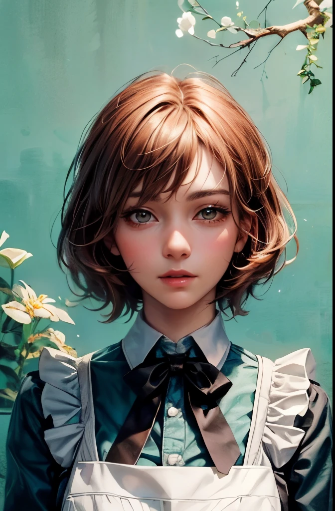 (masterpiece), (best quality half body), 1female, short copper-color hair, side bangs, wearing long sleeve cyan-color crinoline, white apron, black bow tie, hospital lobby background, detailed beautiful brown-eyes, detailed gorgeous face, perfect anatomy, intricate details, wallpaper, PIXIV, krenz cushart,
