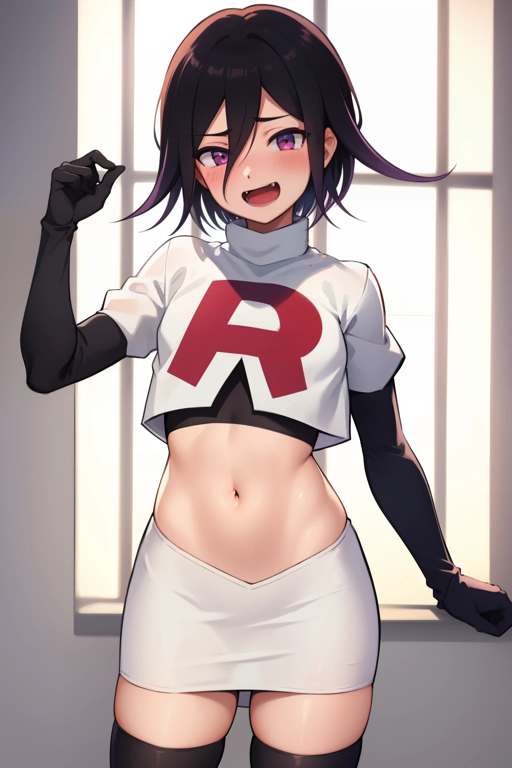 absurdres, cowboy shot, solo, male focus, trap, 1boy, crossdressing,1boy, oma kokichi, team rocket,team rocket uniform,white skirt,red letter R,crop top,black thigh-highs,black elbow gloves, evil laugh, blush