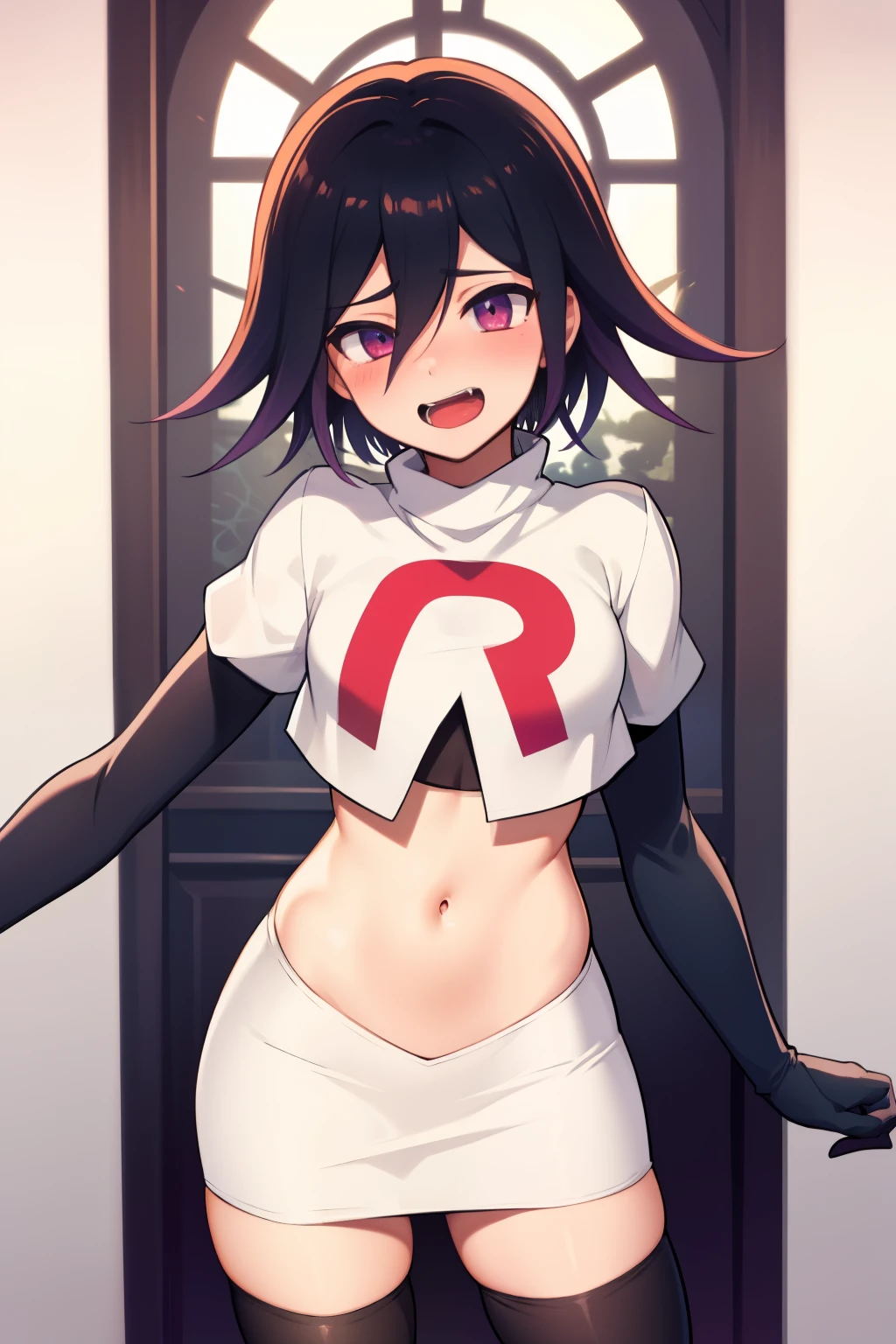 absurdres, cowboy shot, solo, male focus, trap, 1boy, crossdressing,1boy, oma kokichi, team rocket,team rocket uniform,white skirt,red letter R,crop top,black thigh-highs,black elbow gloves, evil laugh, blush