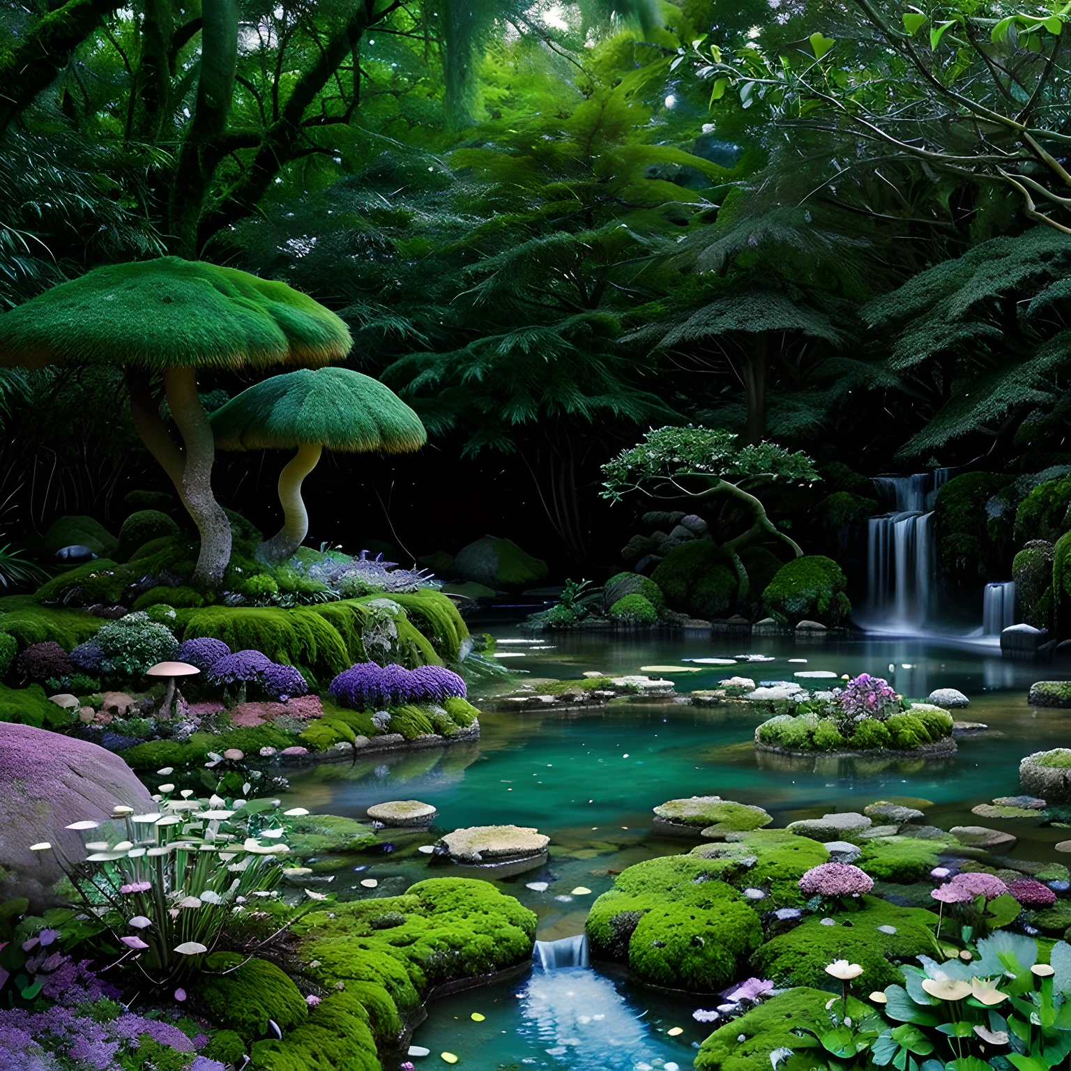 ((hot springs)) (colorful moss and plantlife) enchanted dreamy glade, blues and purples, extremely detailed, real, photorealist, crystals, mushrooms, magical ambiance, lush greenery, best quality, 8k, surreal atmosphere