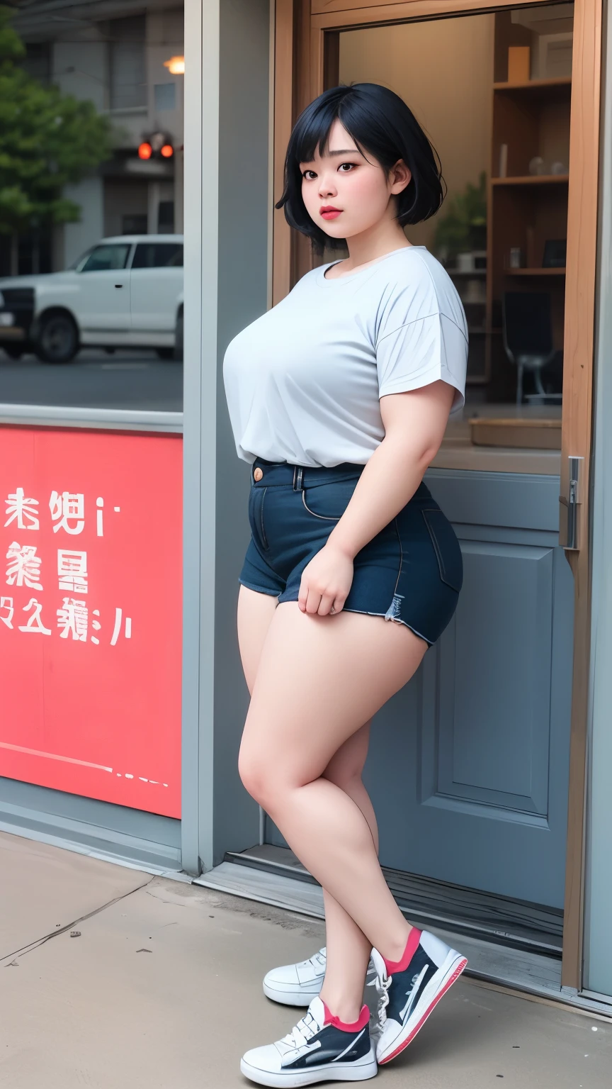 ((best quality)), ((masterpiece)), (detailed), perfect face, 4k, 8k , thick woman, thick body, Indonesian-japanese goddess , blue hair , wavy short hair , wearing sneakers , full body, casual clothes , slightly fat belly , fat thighs , slightly fat arms, japanese woman 