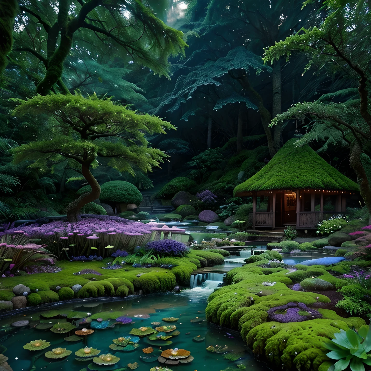 ((hot springs)) (colorful moss and plantlife) enchanted dreamy glade, blues and purples, extremely detailed, real, photorealist, crystals, mushrooms, magical ambiance, lush greenery, best quality, 8k, surreal atmosphere