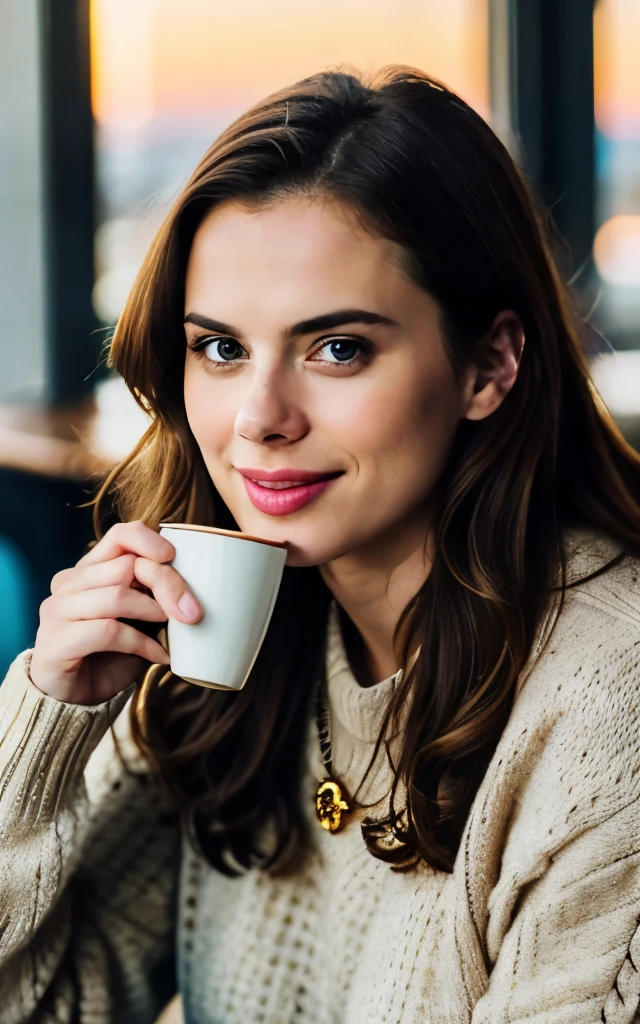 Beautiful Hayley Atwell in beige sweater (Drink coffee in a modern café at sunset), Very detailed, 21 years old, Innocent face, Natural wavy hair, Blue eyes, High resolution, Golden Necklace, masutepiece, Best Quality, Intricate details, Highly detailed, Sharp Focus, Detailed skin, Realistic skin texture, Texture, Detailed eyes, Professional, 4K, Charming smile, shot in Canon, 85 mm, Shallow depth of field,  Kodak Vision Color, Perfect Fit Body, Extremely detailed, a picture_\(Ultras\), Photorealistic, Realistic, Post-processing, Maximum Detail, Roughness, Real life, A hyper-realistic, Photorealism, Photography, 8K UHD, Photography