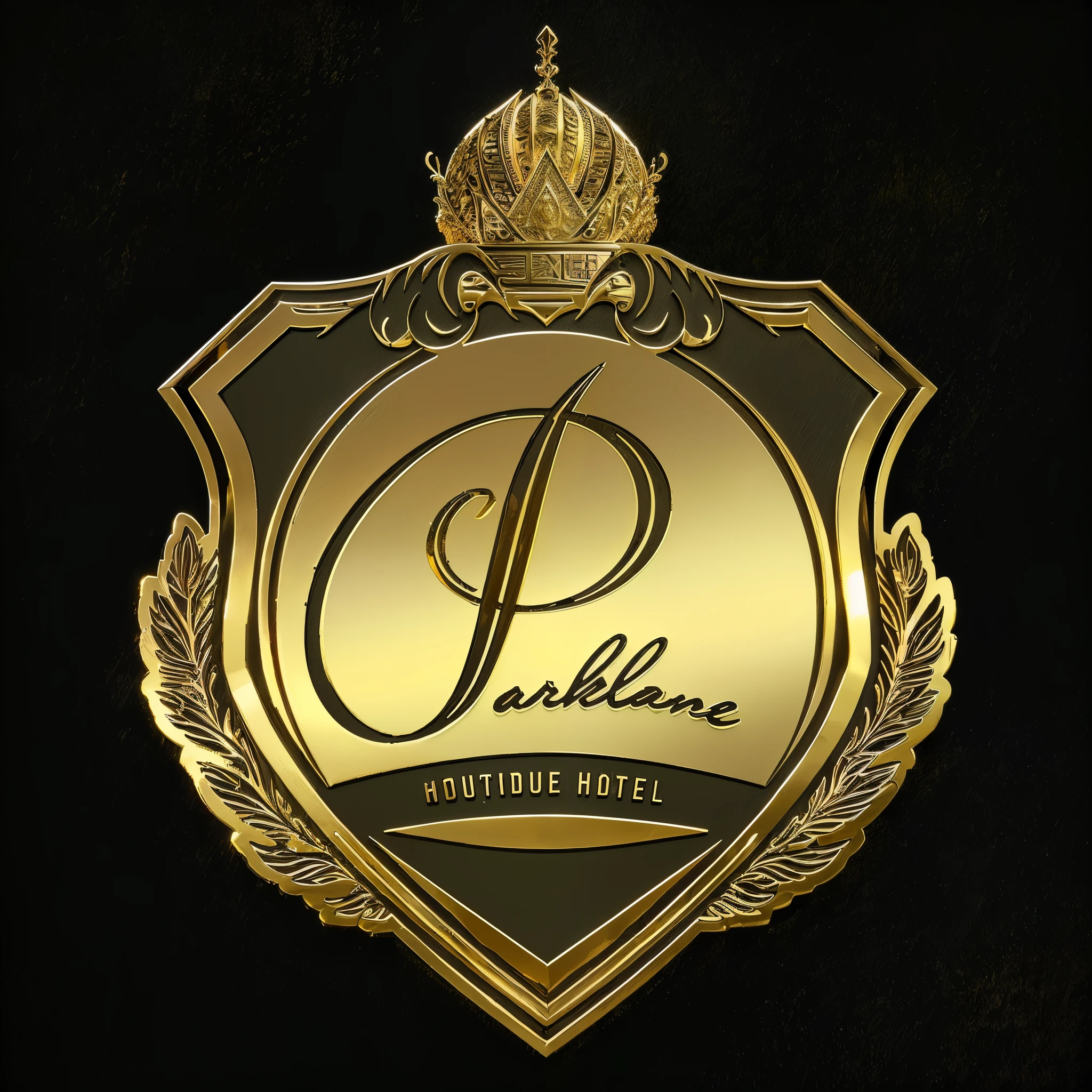 Arafiertes goldenes Emblem mit einer Krone auf schwarzem Hintergrund, Logo design, business Logo, 3 d Logo, professional Logo design, Logo, Logo, Luxusmarke, Abzeichen, Logotype design, Gold und Luxusmaterialien, Logo concept design, Enjoyment, Logo art, Professionelles Unikat, Kartusche, corporate Logo, professional Logo, Pariser Hotelstil