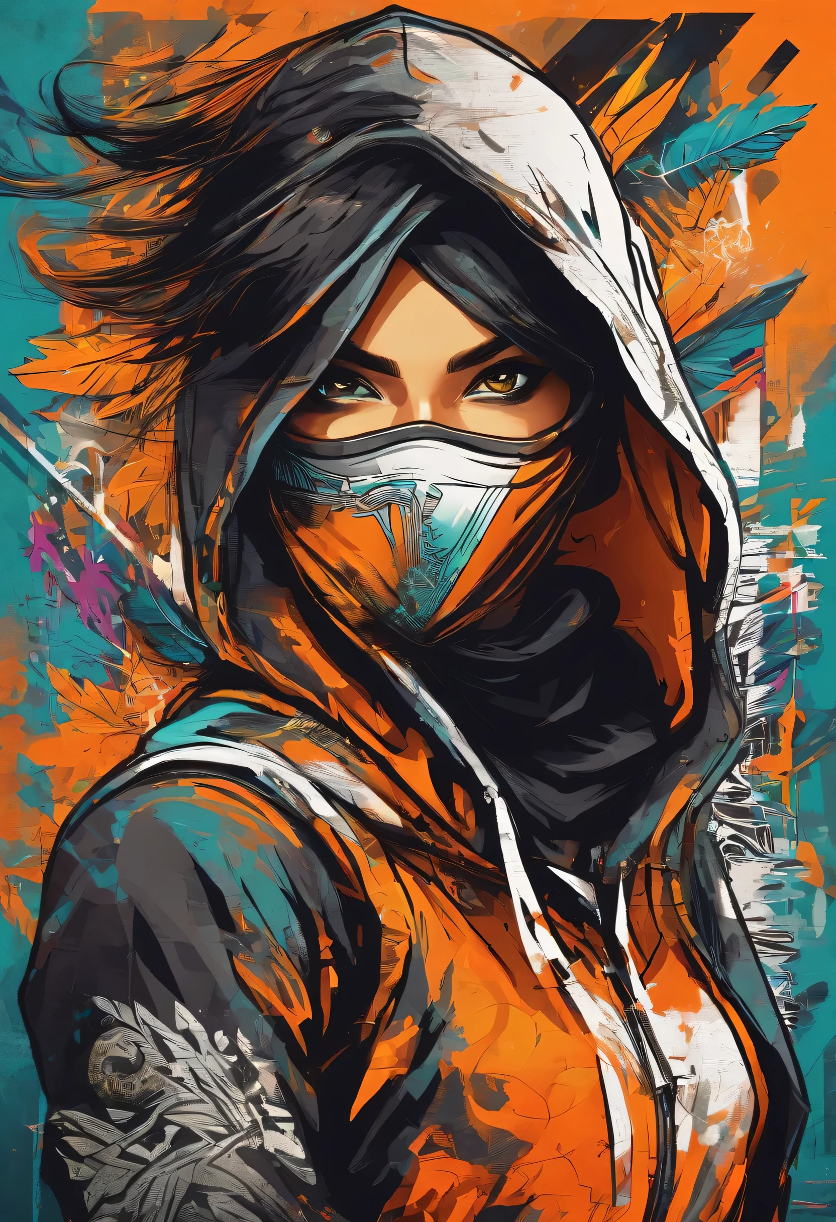 "close up, portrait of a young woman ninja, (wearing a ninja mask and hood), hyper realistic, detailed face, The image should draw inspiration from the freshness of lime, the vitality of Rum, the mysterious nature of the ninja, and the spice of ginger." set against a dynamic and colourful backdrop. The background should be abstract and vibrant, dark colours of orange, incorporating various shapes and patterns to create an artistic atmosphere."