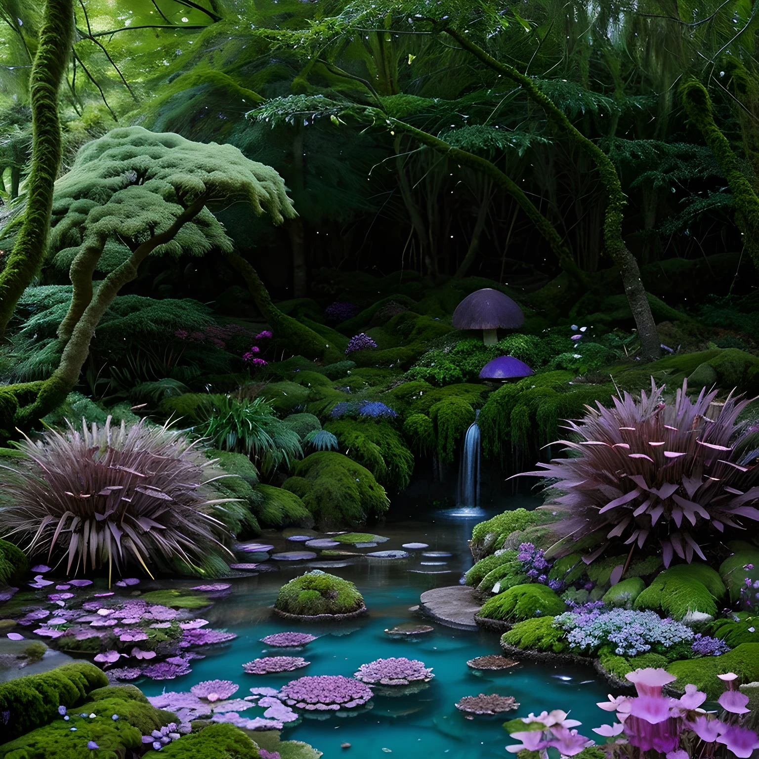 ((hot springs)) (colorful moss and plantlife) enchanted dreamy glade, blues and purples, extremely detailed, real, photorealist, crystals, mushrooms, magical ambiance, lush greenery, best quality, 8k, surreal atmosphere