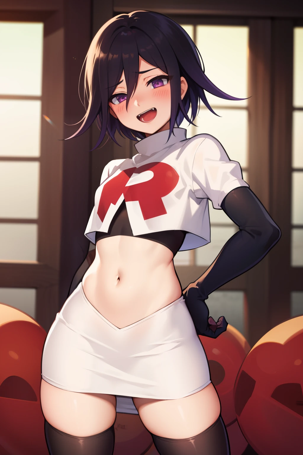 absurdres, cowboy shot, solo, male focus, trap, 1boy, crossdressing,1boy, oma kokichi, team rocket,team rocket uniform,white skirt,red letter R,crop top,black thigh-highs,black elbow gloves, evil laugh, blush