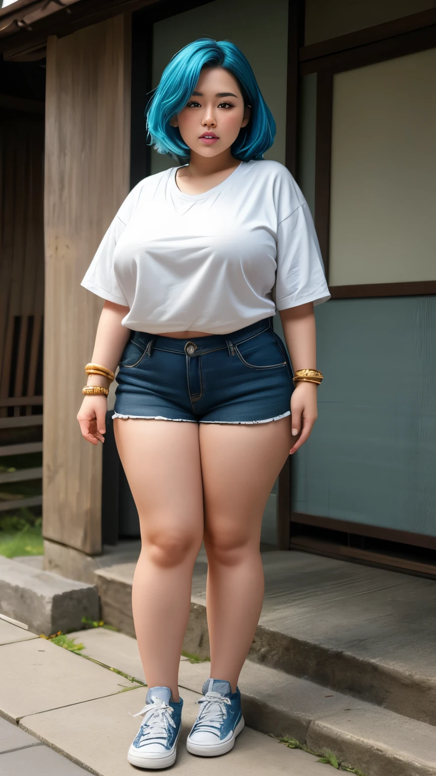 ((best quality)), ((masterpiece)), (detailed), perfect face, 4k, 8k , thick woman, thick body, Indonesian-japanese goddess , blue hair , wavy short hair , wearing sneakers , full body, random casual clothes , slightly fat belly , slightly fat thighs , slightly fat arms, japanese-Indonesian cute woman , fat cheeks , Indonesian-japanese cute woman , wearing gold bracelet 