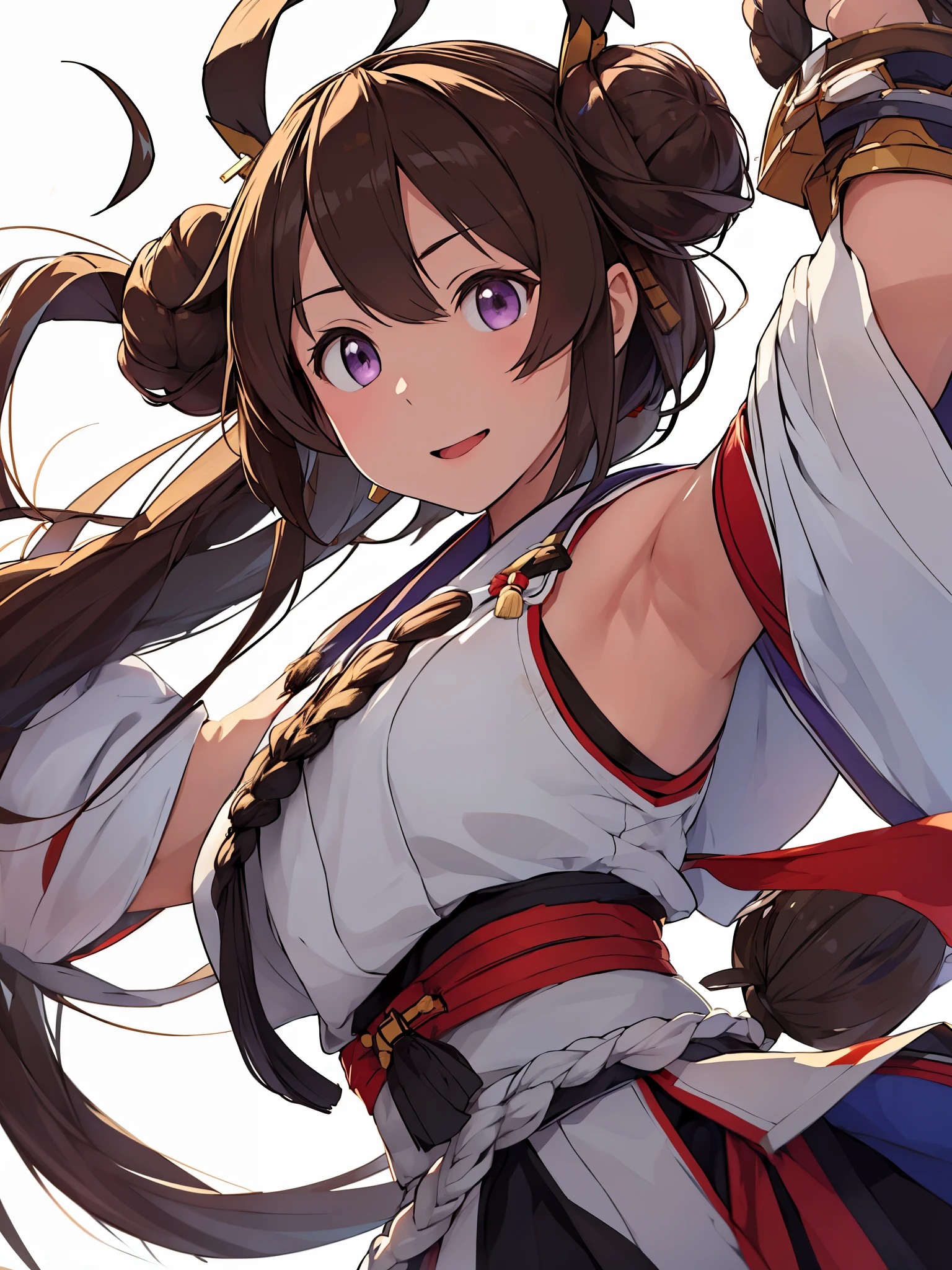 Show your armpits, KanColle,King Kong,double bun,ahoge,1 girl, alone, long hair, King Kongu (KanColle), brown hair, double bun, purple eyes, bun hair, Ahoge, open your mouth, non-traditional shrine maiden, removed sleeve, brown eyes, white background, headgear, hair band, smile, ribbon trimの袖, simple background, kimono, ribbon trim, looking at the viewer, Twitter username, Upper body, wide sleeve, :d, King Kong