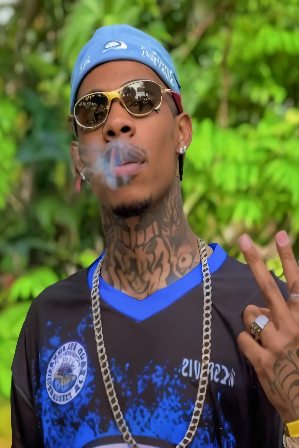 um close up de uma pessoa com um cigarro na boca, tiroteio de sakuga, Wiz Khalifa, vestindo uma bandana e corrente, bonito, vida de bandido, com charuto, sakuga tiroteio louco, taken at the beginning of 2020, usando tatuagens de shipibo, arms covered in gang tattoos, Admirador de arte, enquanto fumava um charuto, deiv calviz