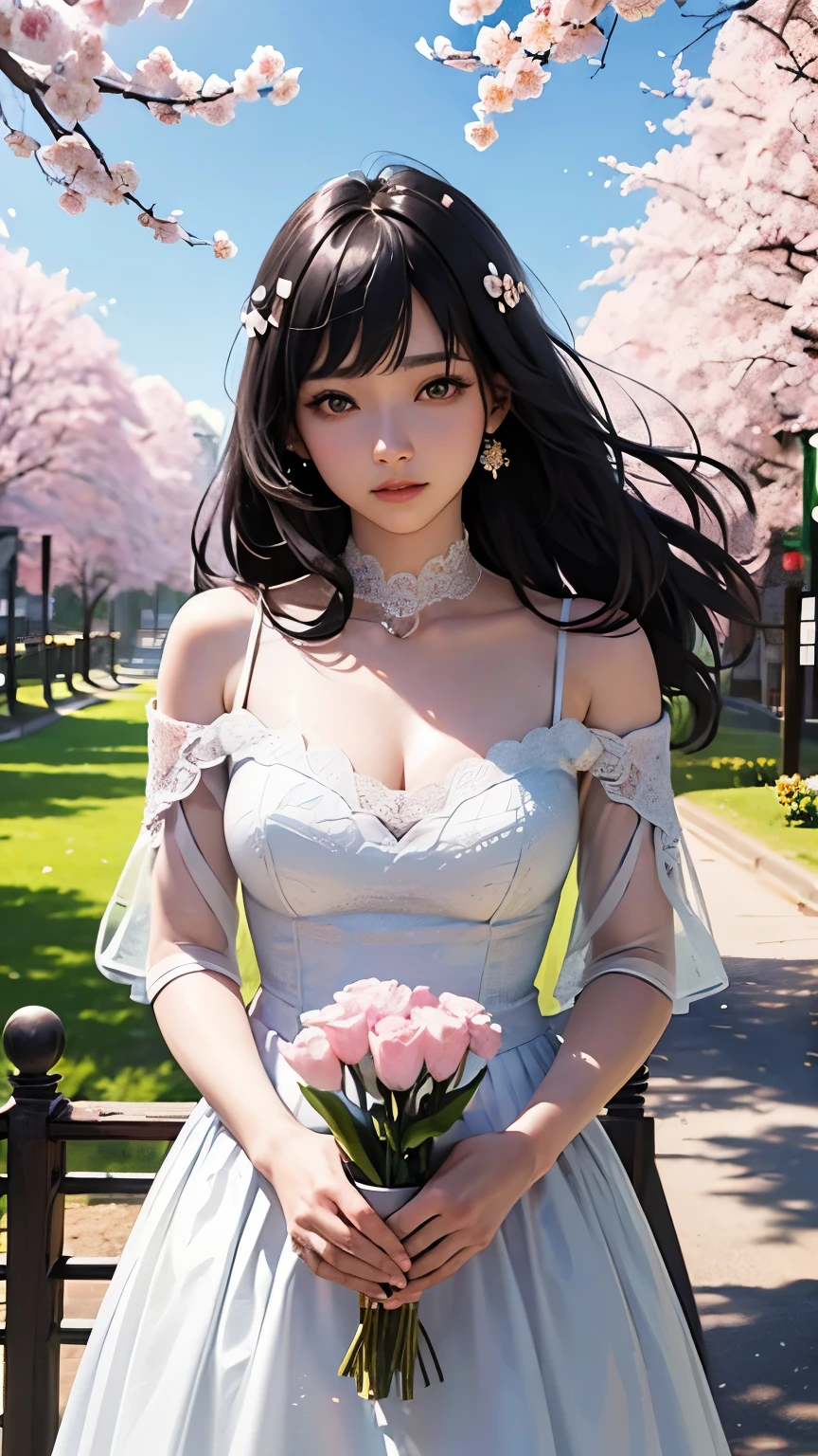 (logo、masterpiece、8K、table top、RAW photo、wonderful、最high quality、フォトリアリスティックでvery detailedな CG 統合 8k 壁紙、high quality、very detailed、narrative poem、particle effects、dynamic effects、Depth of bounds written、cinematic light、Lens flare、ray tracing)、fantasy、 (1 beautiful woman、dress、dress、cherry blossom pattern、black haired、beautiful face、real face、beautiful details eyes beautiful skin)、髪がWindで踊る、Hair flutters in Wind、hair jump、pink cherry tree、petals dance、SakuraFubuki、wonderful景色、sunrise、sun on background、Wind、