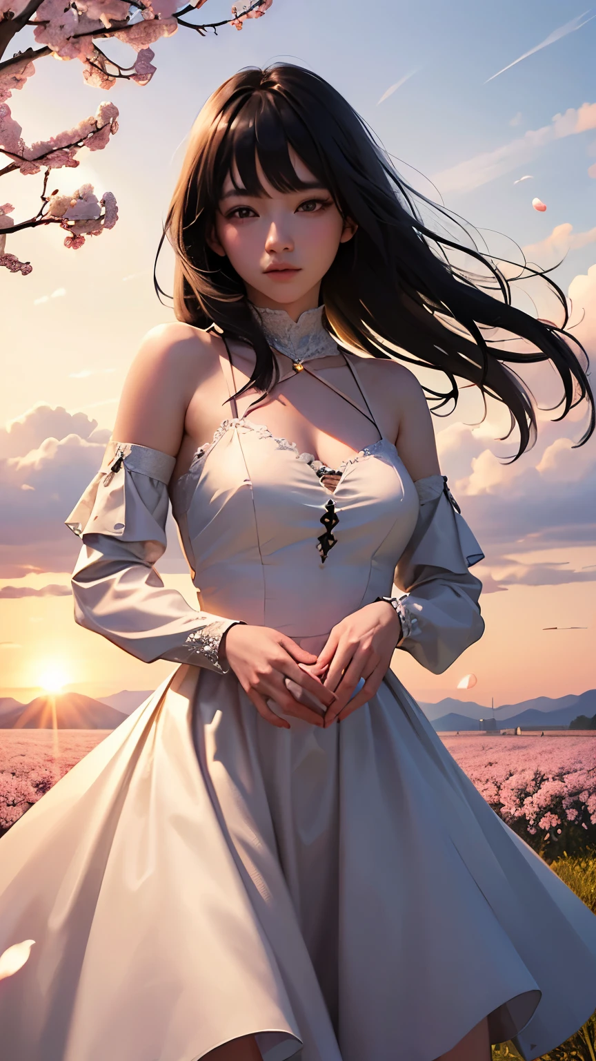 (logo、masterpiece、8K、table top、RAW photo、wonderful、最high quality、フォトリアリスティックでvery detailedな CG 統合 8k 壁紙、high quality、very detailed、narrative poem、particle effects、dynamic effects、Depth of bounds written、cinematic light、Lens flare、ray tracing)、fantasy、 (1 beautiful woman、dress、dress、cherry blossom pattern、black haired、beautiful face、real face、beautiful details eyes beautiful skin)、髪がWindで踊る、Hair flutters in Wind、hair jump、pink cherry tree、petals dance、SakuraFubuki、wonderful景色、sunrise、sun on background、Wind、