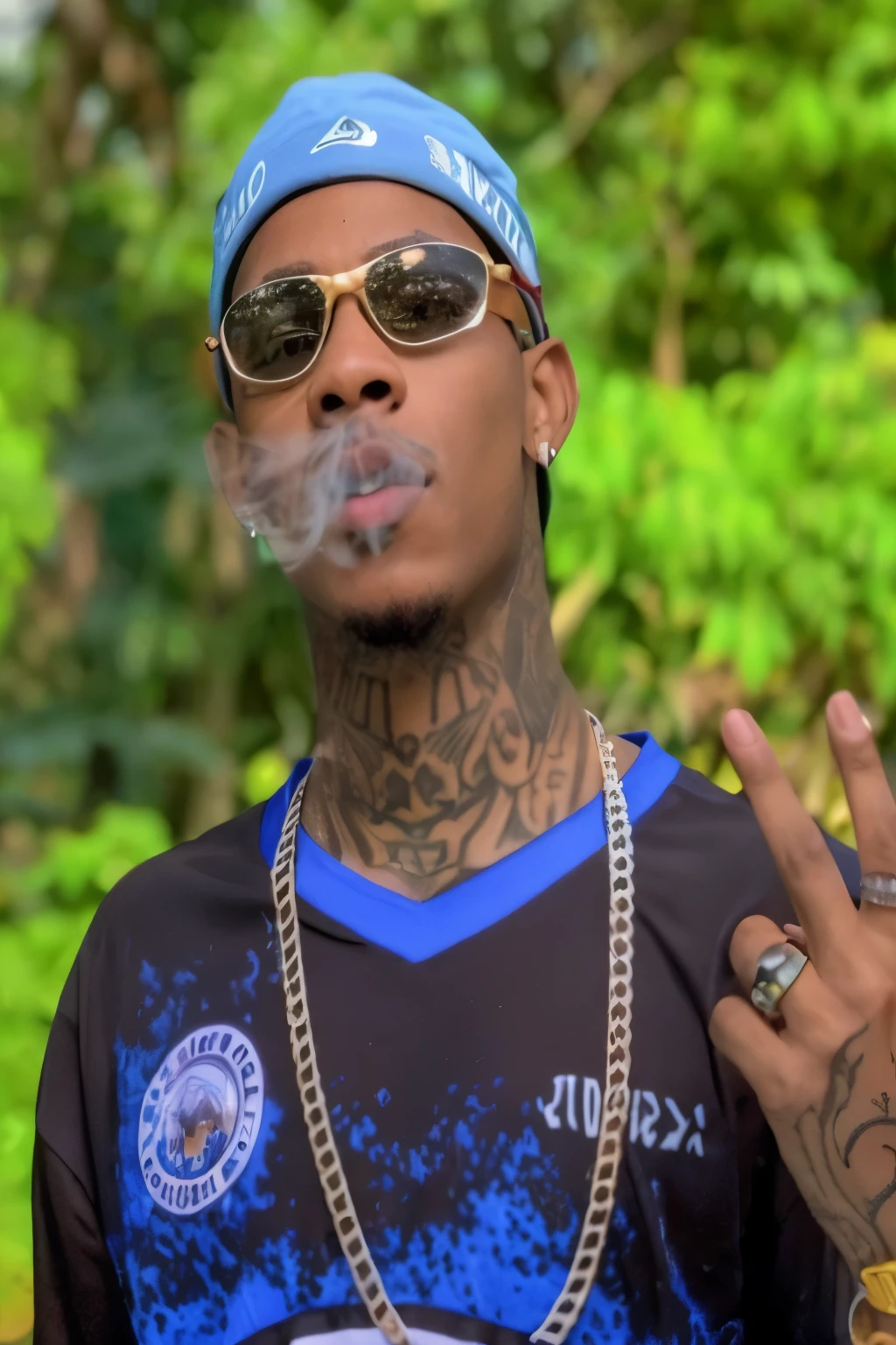 um close up de uma pessoa com um cigarro na boca, tiroteio de sakuga, Wiz Khalifa, vestindo uma bandana e corrente, bonito, vida de bandido, com charuto, sakuga tiroteio louco, taken at the beginning of 2020, usando tatuagens de shipibo, arms covered in gang tattoos, Admirador de arte, enquanto fumava um charuto, deiv calviz