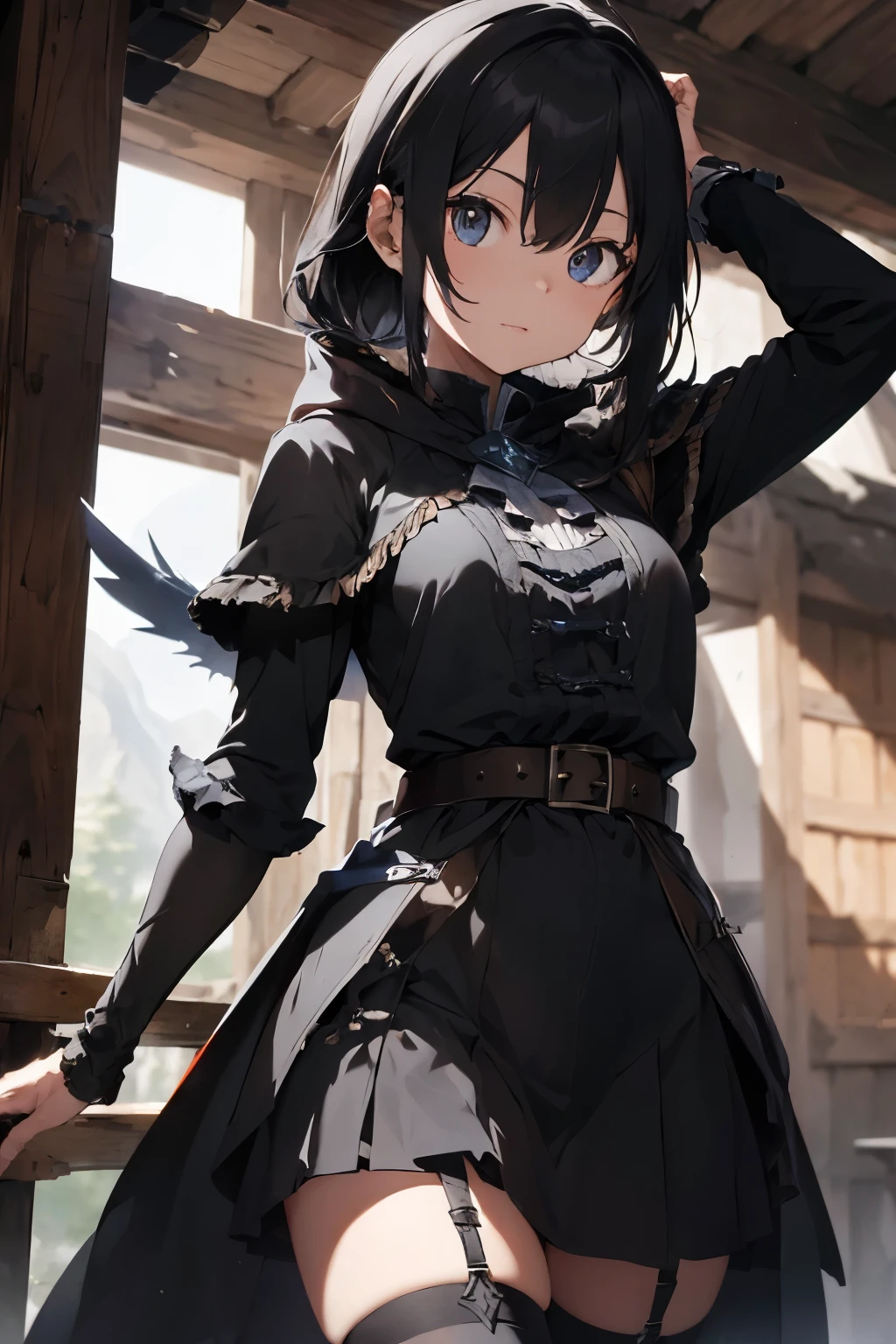 ((best quality)), ((Meisterwerk)), (detailliert), perfektes Gesicht, (Meisterwerk, best quality, detaillierter Hintergrund, Komplizierte Details), Fantasy-Thema, black hair, long hair, Im Inneren des Dungeons, 1girl,teenager , Zauberer, Magier lange robe, Schwarzer Umhang, Bandana, grau Augen, Dagger on the hip, Belt bags, selbstbewusster Ausdruck, dynamische Pose, rostige Schatztruhe, Steinmauern, dunkel,schwarze haare, lange haare, umhang, black cloak, light metal armor,