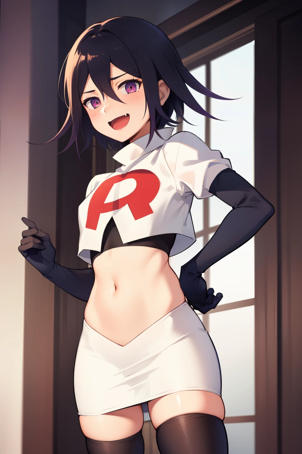 absurdres, cowboy shot, solo, male focus, trap, 1boy, crossdressing,1boy, oma kokichi, team rocket,team rocket uniform,white skirt,red letter R,crop top,black thigh-highs,black elbow gloves, evil laugh, blush