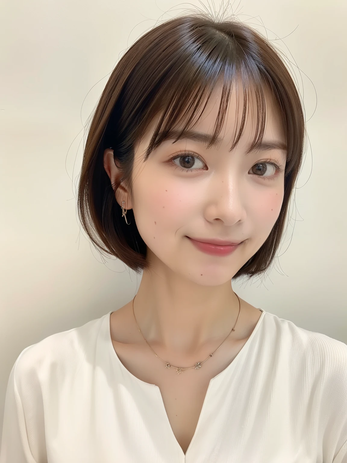(highest quality、8K、32K、masterpiece、nffsw:1.2)、Taken in front of a white wall、don't look at the camera、pictures of japanese women、The ends of the hair are sticking out、shortcut、short hair、very short hair、Upper body、surface focus、simple necklace、simple background、From above、looking at the viewer、mix 4、(8K、Raw photo、highest quality、masterpiece:1.2)、(realistic、Photoreal:1.37)、1 girl、professional lighting、photon mapping、Physically based rendering、excellent image quality、High resolution、1080P、(clean face)、(Detailed facial description)、(detailed description of hands)、(Masseter muscle part)、(Detailed CG)、 masterpiece、rich details、(exquisite features)、(best image quality)、(masterpiece)、(detailed eye)、delicate clavicle、Versatile poses、profile、simple necklace、((long sleeve dress))