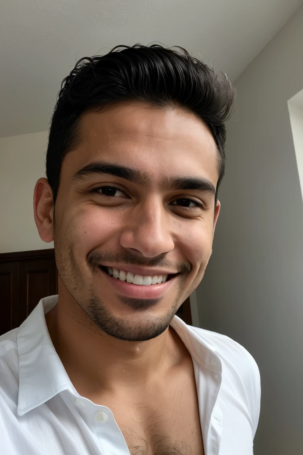 Foto RAW en secuencia, una foto de un hombre moreno, ((selfie de la parte superior del cuerpo, sonriente)), cabello negro corto, rasgos latinos destacados, cejas pobladas, sin barba, quijada cuadrada, hocico aquilino, delgado, camisa blanca.
This sequence of RAW photos captures an image of a dark-skinned man, ((smiling selfie from the upper body)), with short black hair, prominent Latino features, full eyebrows, a chiseled jawline, a sharpaquiline nose, and a lean build, wearing a white shirt.