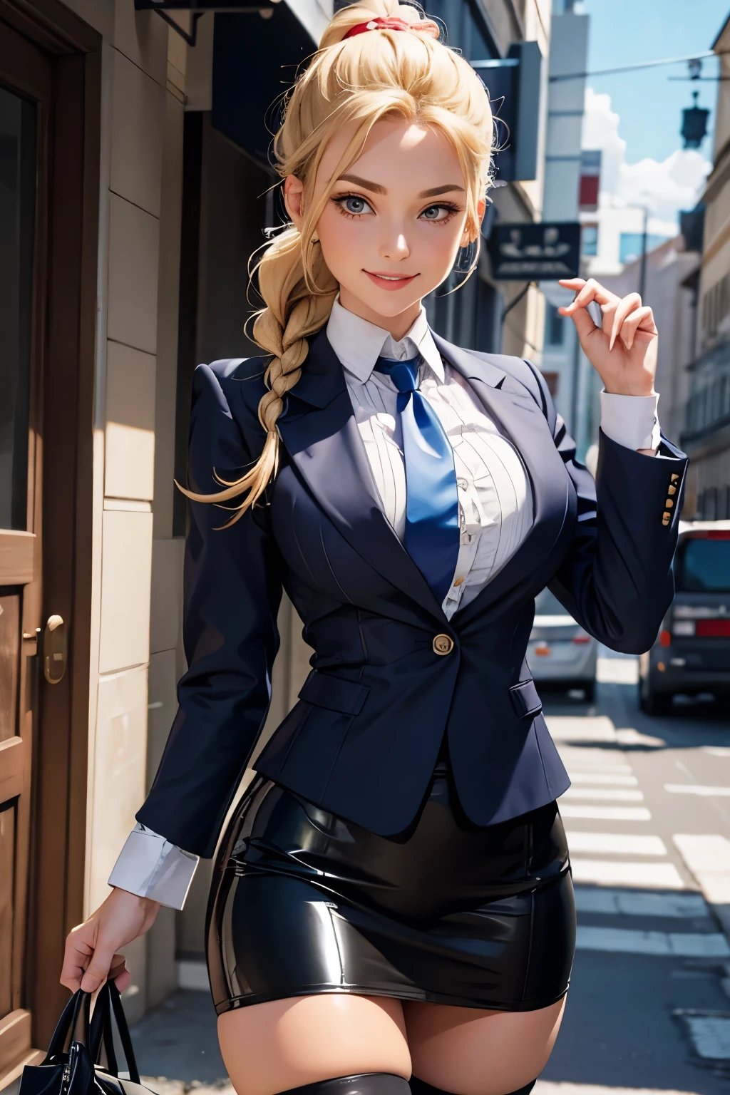 tightly buttoned shirt, plate blue shirt, big tits, massive tits, even bigger tits, red tie, pencil skirt, French braid, blonde, smile, beaming with joy, bursting with excitement, happy, cheery, cheerful, solid white stockings, high ponytail, long gloves, pvc, pvc clothes, lots of pvc, big hair, full hair, French braid and ponytail, buttons, blazer, chignon, tighter clothes, mega tight clothes, skin tight clothes, jacket, rolled up sleeves, frilly, frills, advert, advertising, hair bow, pinstripes,