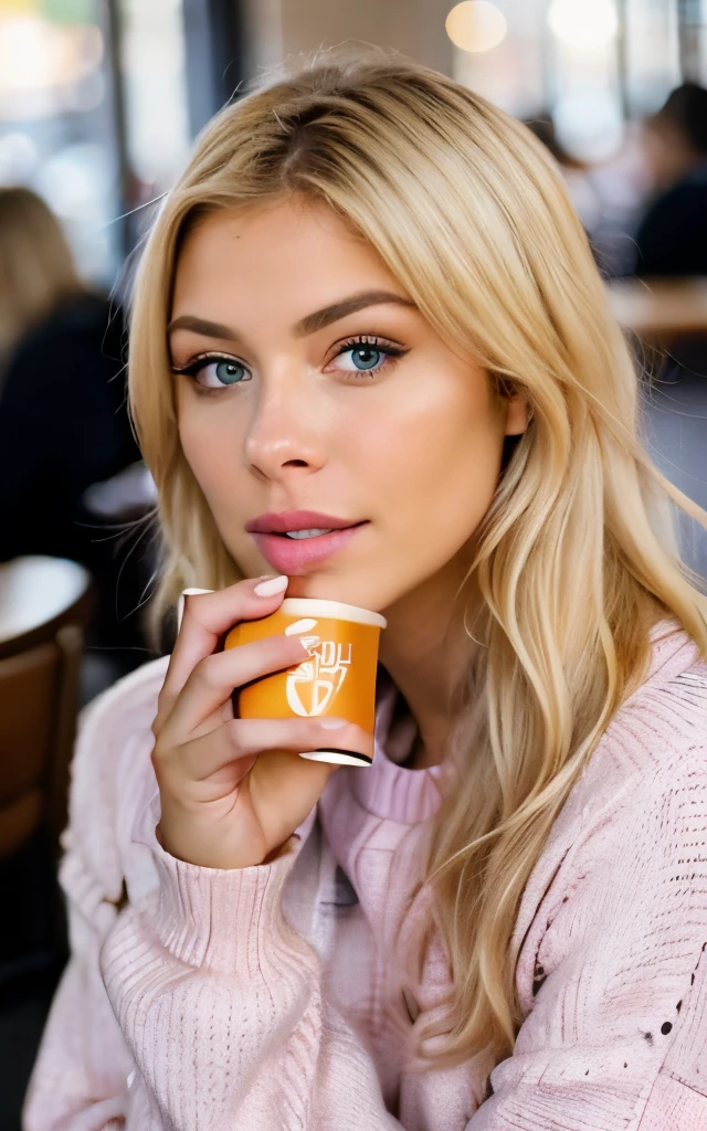 beautiful blonde Alexa Bliss wearing pink sweater (sipping coffee inside a modern café at sunset), very detailed, 21 years old, innocent face, natural wavy hair, blue eyes, high resolution, masterpiece, best quality, intricate details, highly detailed, sharp focus, detailed skin, realistic skin texture, texture, detailed eyes, professional, 4k, charming smile, shot on Canon, 85mm, shallow depth of field,  kodak vision color, perfect fit body, extremely detailed, foto_\(ultra\), photorealistic, realistic, post-processing, maximum detail, roughness, real life, ultra realistic, photorealism, photography, 8k uhd, photography