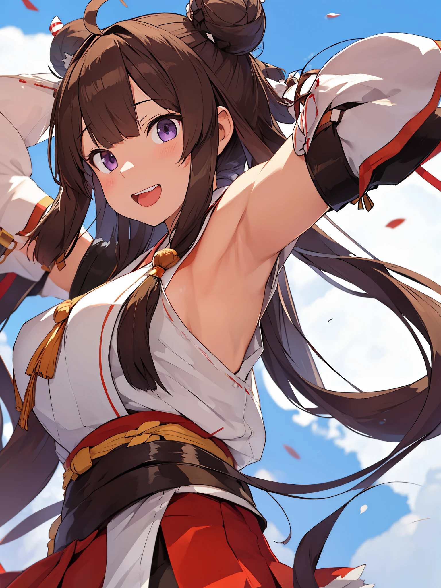 Show your armpits, KanColle,King Kong,double bun,ahoge,1 girl, alone, long hair, King Kongu (KanColle), brown hair, double bun, purple eyes, bun hair, Ahoge, open your mouth, non-traditional shrine maiden, removed sleeve, brown eyes, white background, headgear, hair band, smile, ribbon trimの袖, simple background, kimono, ribbon trim, looking at the viewer, Twitter username, Upper body, wide sleeve, :d, King Kong