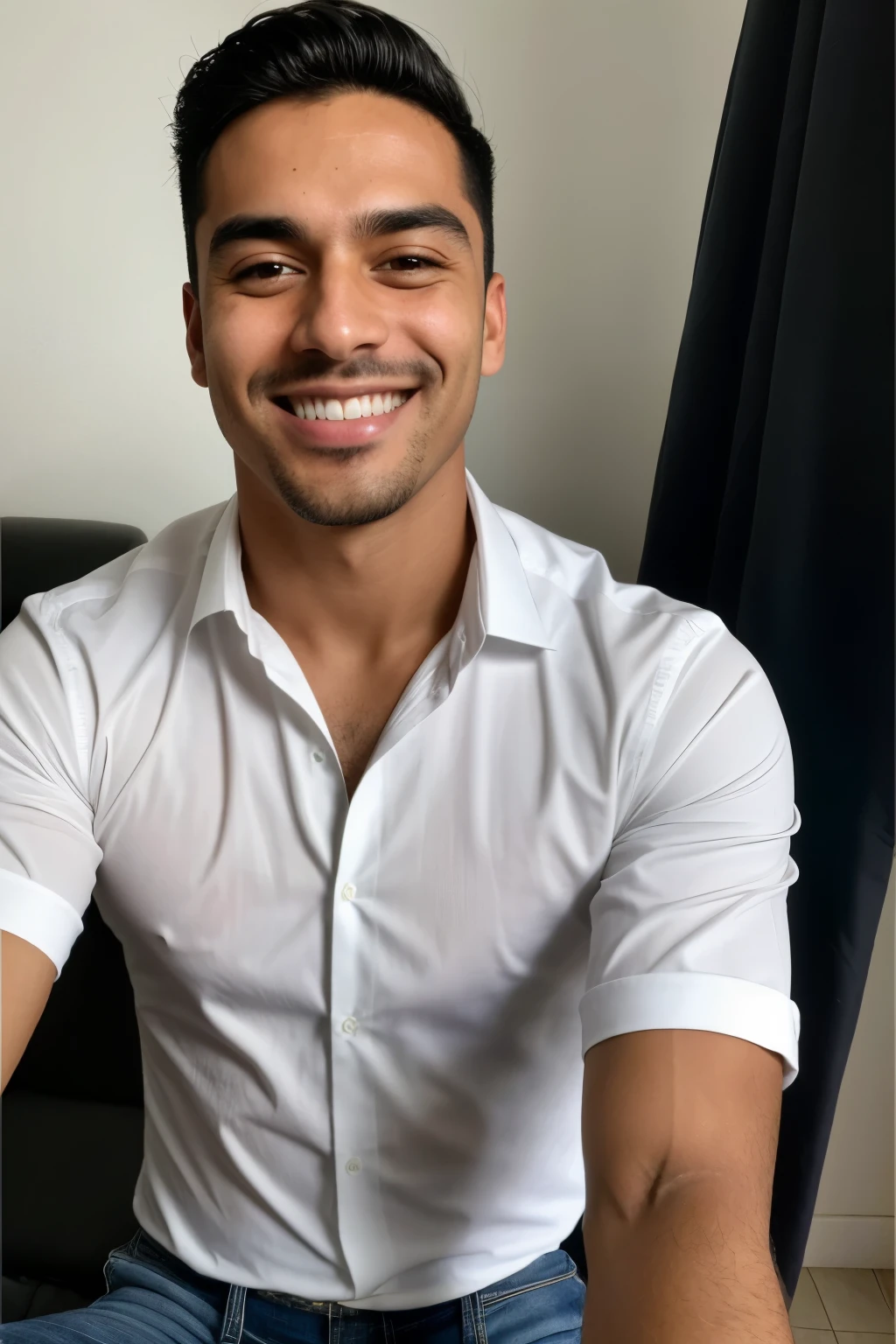 Foto RAW en secuencia, una foto de un hombre moreno, ((selfie de la parte superior del cuerpo, sonriente)), cabello negro corto, rasgos latinos destacados, cejas pobladas, sin barba, quijada cuadrada, hocico aquilino, delgado, camisa blanca.

This sequence of RAW photos captures an image of a dark-skinned man, ((smiling selfie from the upper body)), with short black hair, prominent Latino features, full eyebrows, a chiseled jawline, a sharpaquiline nose, and a lean build, wearing a white shirt.