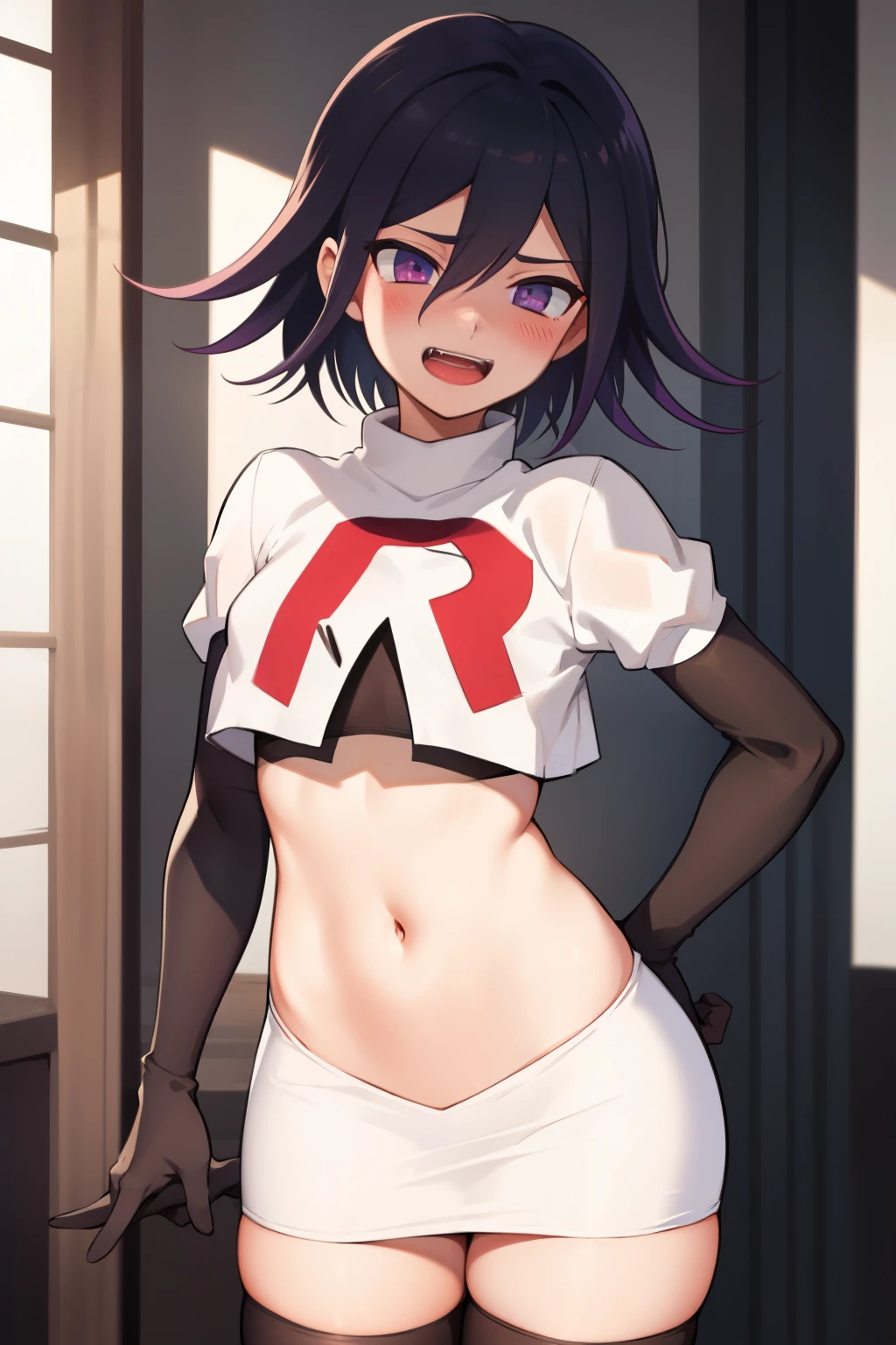 absurdres, cowboy shot, solo, male focus, trap, 1boy, crossdressing,1boy, oma kokichi, team rocket,team rocket uniform,white skirt,red letter R,crop top,black thigh-highs,black elbow gloves, evil laugh, blush
