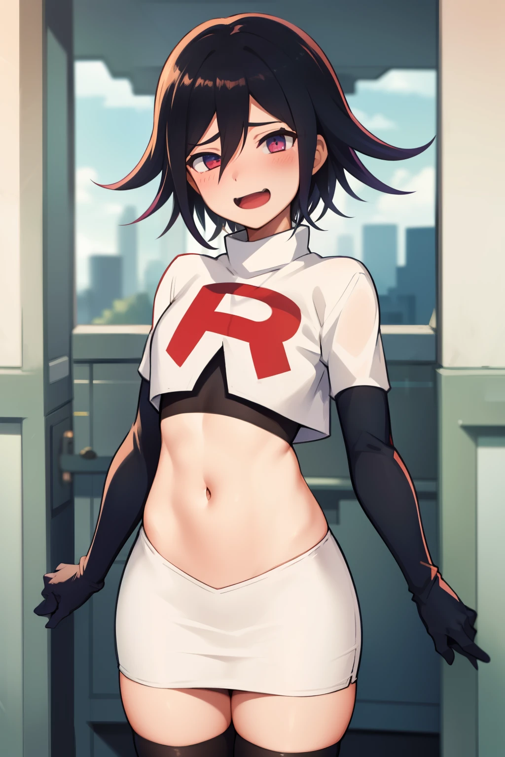 absurdres, cowboy shot, solo, male focus, trap, 1boy, crossdressing,1boy, oma kokichi, team rocket,team rocket uniform,white skirt,red letter R,crop top,black thigh-highs,black elbow gloves, evil laugh, blush