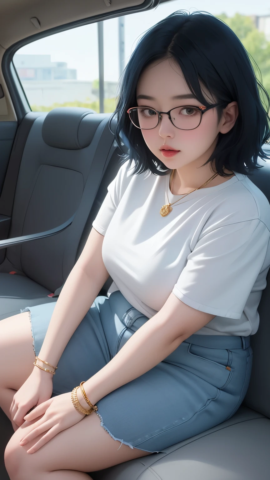((best quality)), ((masterpiece)), (detailed), perfect face, 4k, 8k , thick woman, thick body, Indonesian-japanese goddess , blue hair , wavy short hair , wearing sneakers , full body, random casual clothes , slightly fat belly , slightly fat thighs , slightly fat arms, japanese-Indonesian woman , fat cheeks , Indonesian-japanese woman , wearing gold bracelet , necklace , wearing smartwatch, korean girl , 5 gold bracelet , glasses , baby face , cold hue dehaze
