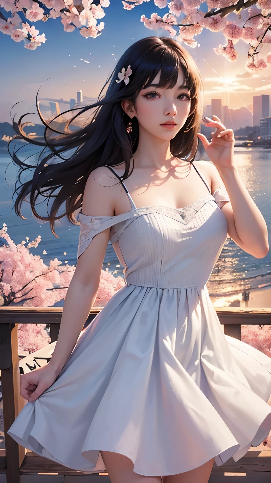 (logo、masterpiece、8K、table top、Raw photo、wonderful、最high quality、フォトリアリスティックでvery detailedな CG 統合 8k 壁紙、high quality、very detailed、Narrative poem、particle effects、dynamic effects、written boundary depth、cinematic light、Lens flare、ray tracing)、fantasy、 (1 beautiful woman、dress、dress、cherry blossom pattern、black haired、beautiful face、real face、beautiful details eyes beautiful skin)、髪がWindで踊る、Hair flutters in Wind、hair bounces、Pink cherry blossom tree、Dancing petals、SakuraFubuki、wonderful景色、sunrise、Sun in the background、Wind、