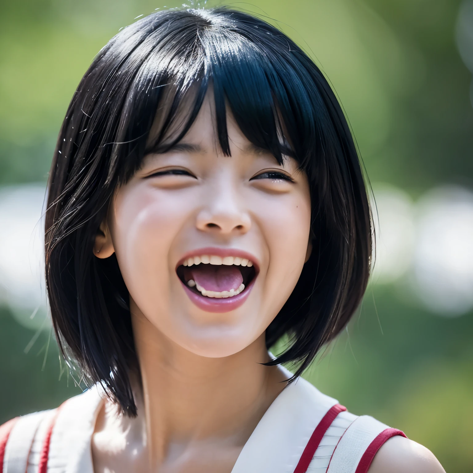 The mouth is slightly open,、with an ecstatic expression、Girl with black hair bob having convulsions。