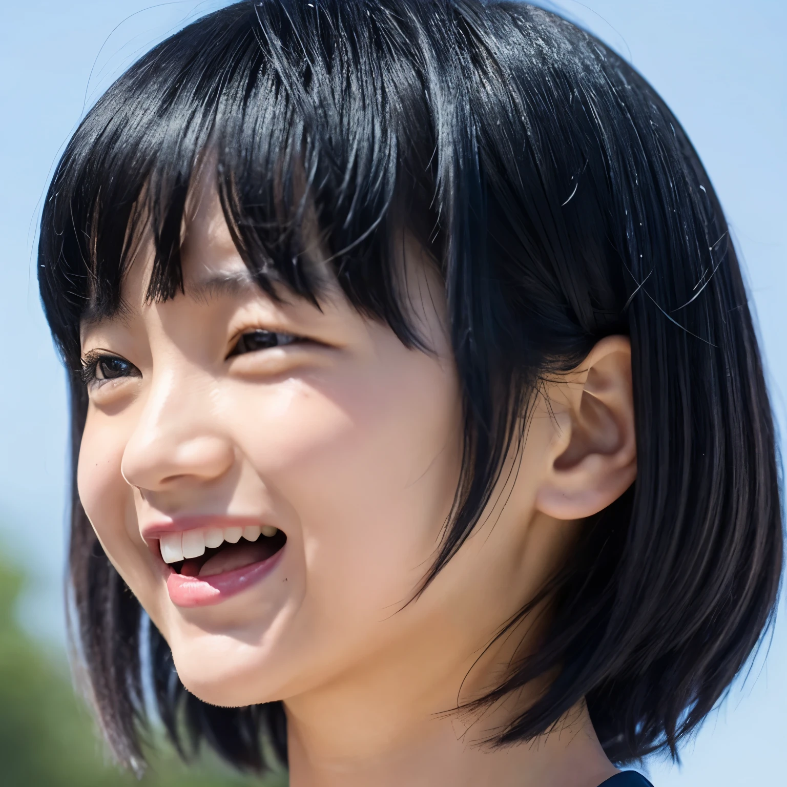 The mouth is slightly open,、with an ecstatic expression、Girl with black hair bob having convulsions。