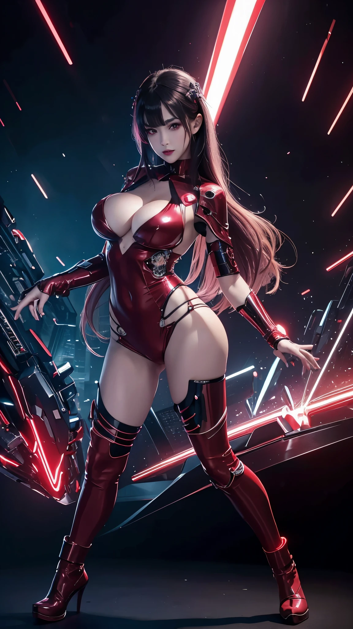 8K uhd, materpiece, a beautiful girl, detaild eye, good face, detaild eyebrow, cyberpunk outfit,RED outfit, cyberpunk, Cyberspace, cyberpunk shining background, neon effect, Spreading lighting, red lighting, whole body capture,full body,big tits ,big tits,ALL RED