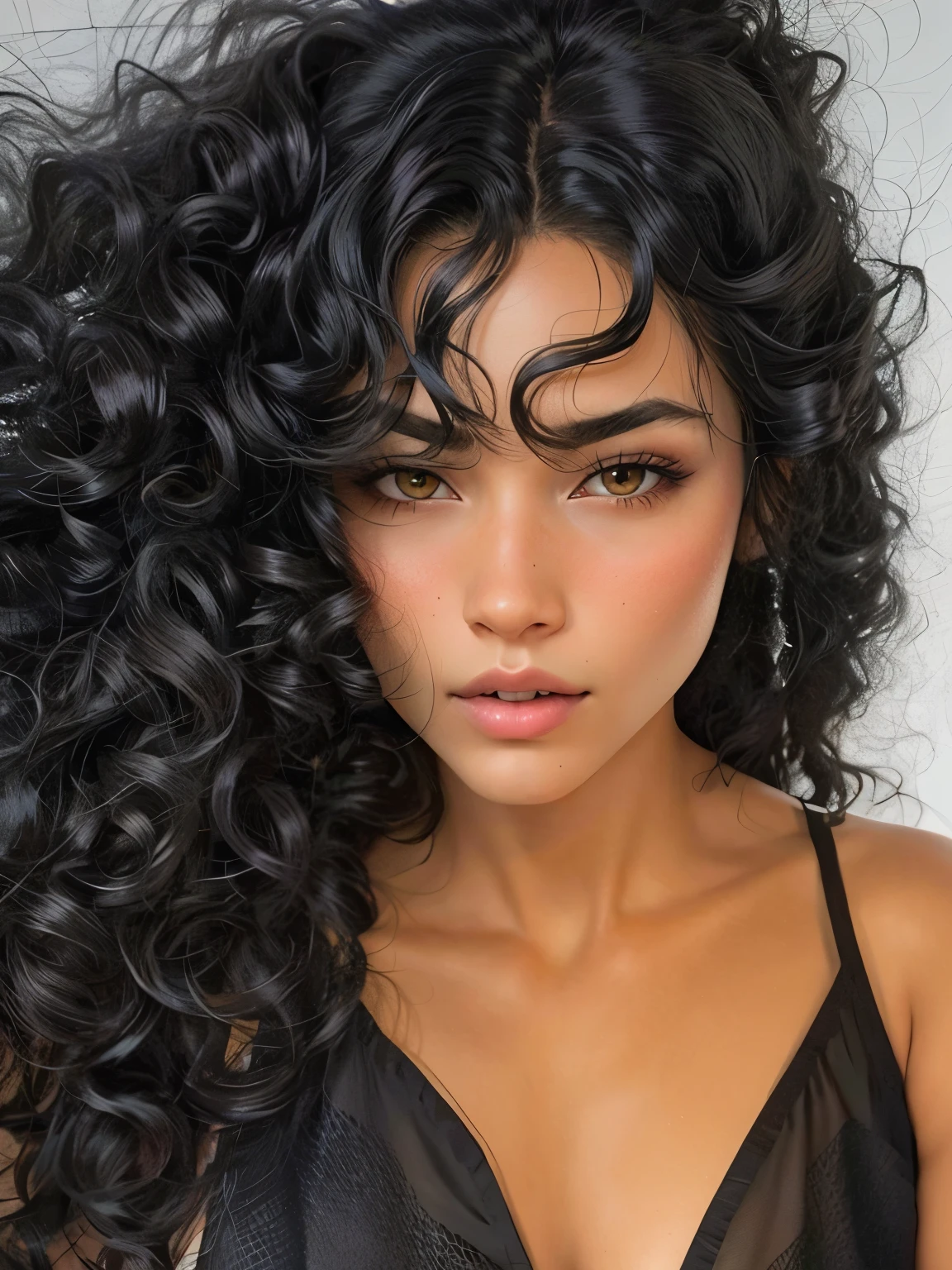 a close up of a woman with a very long Encaracolado hair, long wild black Encaracolado hair, Encaracolado bangs, black Encaracolado hair, Encaracolado dark hair, long black Encaracolado hair, Encaracolado black hair, black long Encaracolado hair, Encaracolado haired, long dark Encaracolado hair, Encaracolado, long Encaracolado black hair, Encaracolado hair, Encaracolado middle part haircut, long messy Encaracolado hair, messy Encaracolado hair