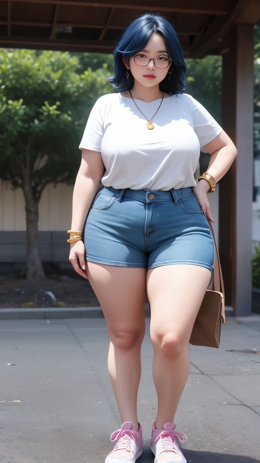 ((best quality)), ((masterpiece)), (detailed), perfect face, 4k, 8k , thick woman, thick body, Indonesian-japanese goddess , blue hair , wavy short hair , wearing sneakers , full body, random casual clothes , slightly fat belly , slightly fat thighs , slightly fat arms, japanese-Indonesian woman , fat cheeks , Indonesian-japanese woman , wearing gold bracelet , necklace , wearing smartwatch, korean girl , 5 gold bracelet , glasses , baby face
