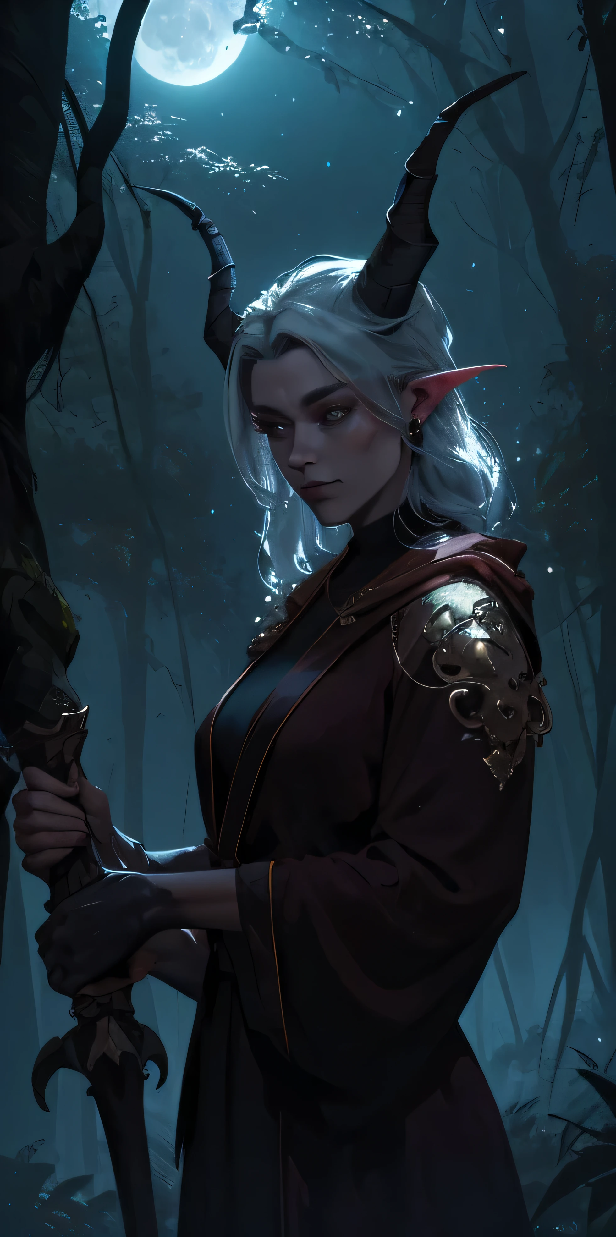 Low angle, de baixo, tiefling cleriga feminina grande e musculosa, Enfureceu, cabelos brancos, pele em tons de cinza, horns curved toward the center of the head like a crown, one of the horns is broken about 1/3 do caminho. Vestido com roupas escuras de monge e mantos simples. Destaque para um pingente em forma de lua de obsidiana. A cena se passa na beira de uma floresta, with large trees illuminated by dark and mysterious moonlight, proporcionando uma atmosfera de fantasia. Olhos amarelos brilhantes destacam-se no rosto Enfureceu da tiefling, while the particles, as she expresses her fury, create a cinematic and immersive image.