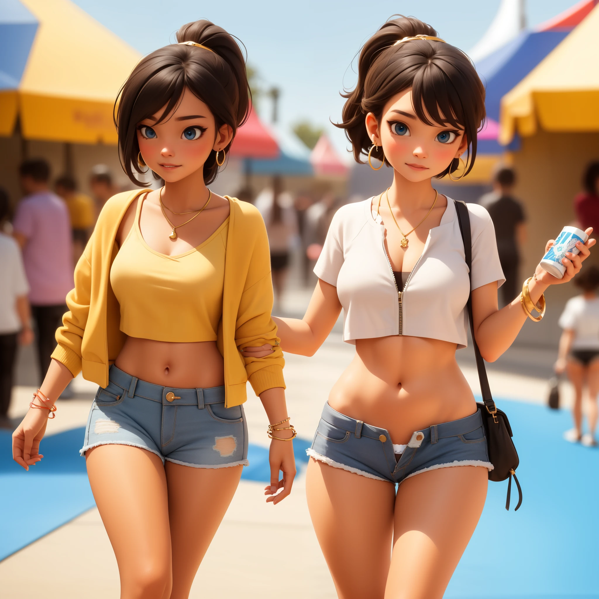 sexy female, brown hair, blue eyes, ponytail, crop top, unzipped short shorts, PANTIES, bracelet, earrings, golden necklace, walking at a carnival