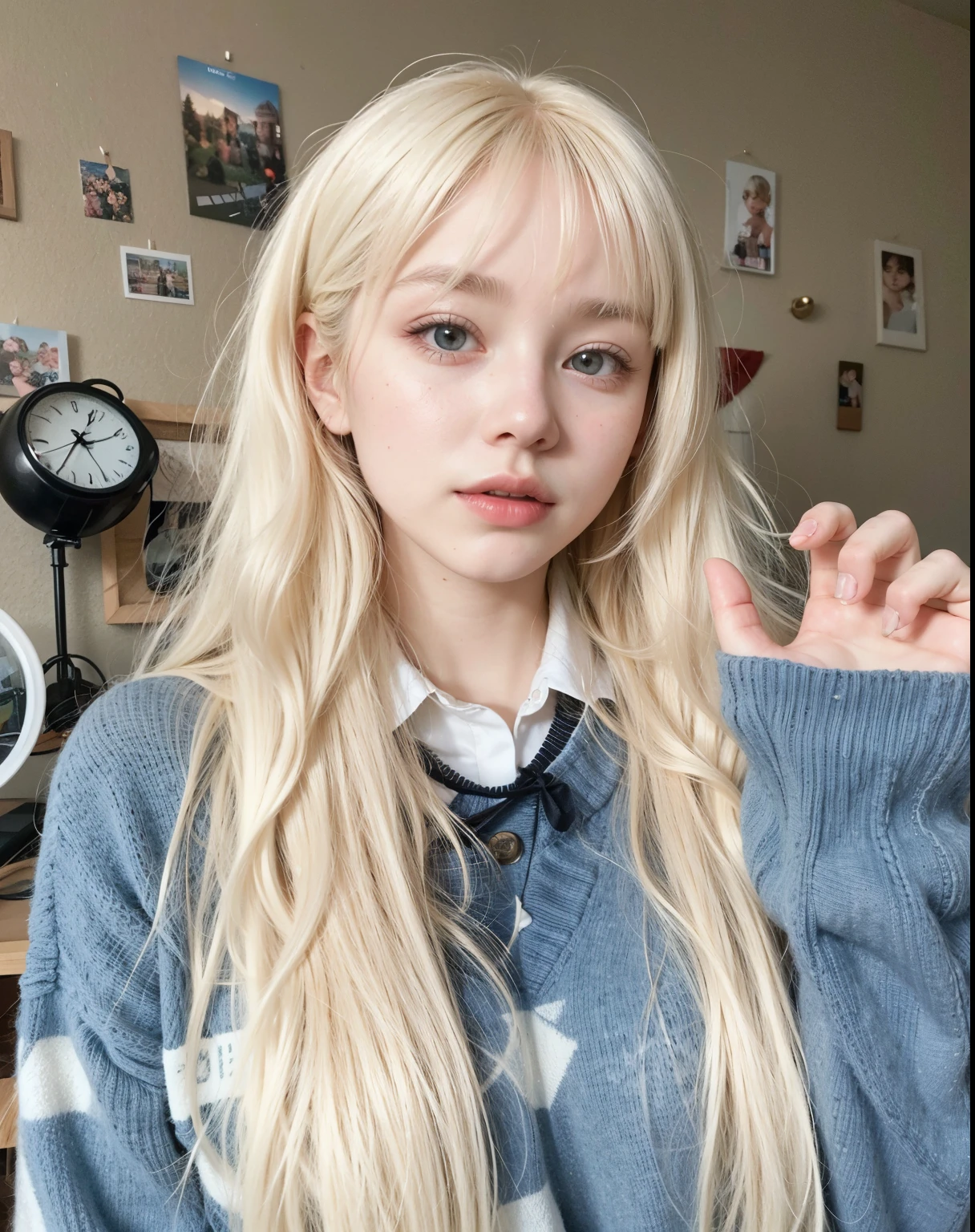 a close up of a person with long blonde hair wearing a sweater, long white hair and bangs, ulzzang, with white long hair, with long white hair, white hime cut hairstyle, long hair with full bangs, extremely pale blond hair, long hair with bangs, perfect white haired girl, her hair is white, very very pale blond hair, girl with white hair