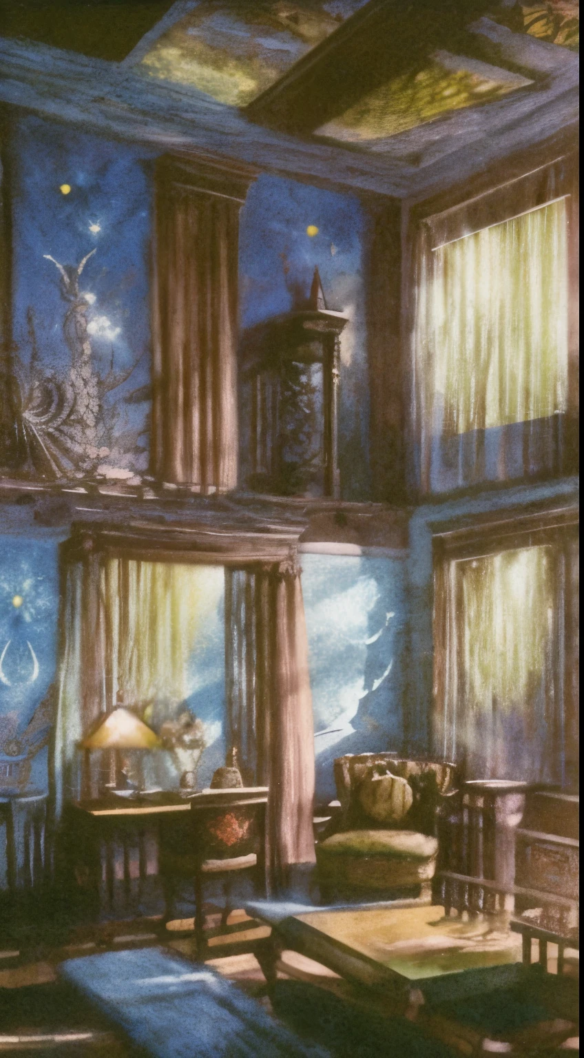 (a dimly lit room),(best quality:1.2),(dreamcore),(highres),(vibrant colors),(retro vibes),(flickering neon lights),(nostalgic atmosphere),(surreal objects scattered around),(paintings hanging on the walls),(soft focus),(dreamlike ambiance),(dusty bookshelves),(age-worn furniture),(an old television playing static),(lo-fi music playing in the background),(subtle smoke haze),(peculiar antiques),(ray of sunlight shining through a cracked window),(whispers of forgotten memories),(mysterious aura),(whimsical paintings on the ceiling),(lone chair in the center of the room),(faded photographs strewn across the floor),(playful shadows dancing on the walls),(dusty vinyl records lying on a table),(tattered curtains swaying gently in the breeze),(enchanted typewriter on a desk),(intricate tapestries hanging from the ceiling),(an open doorway leading to a colorful world),(sparkling crystals and gemstones),(ethereal fog engulfing the room),(gentle rustling of pages from an old journal),(glowing orbs floating in mid-air),(silhouettes of fantastical creatures),(glimmering stars painted on the ceiling),(a feeling of stepping into an alternate reality),(mystical symbols etched into the walls),(timeless charm)