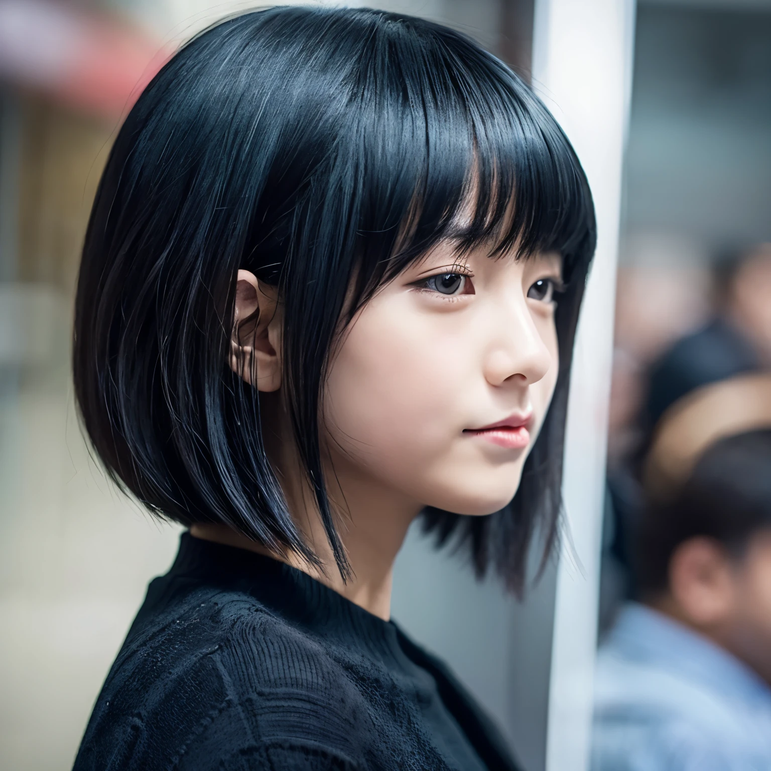 with an ecstatic expression、Girl with black hair bob having convulsions。