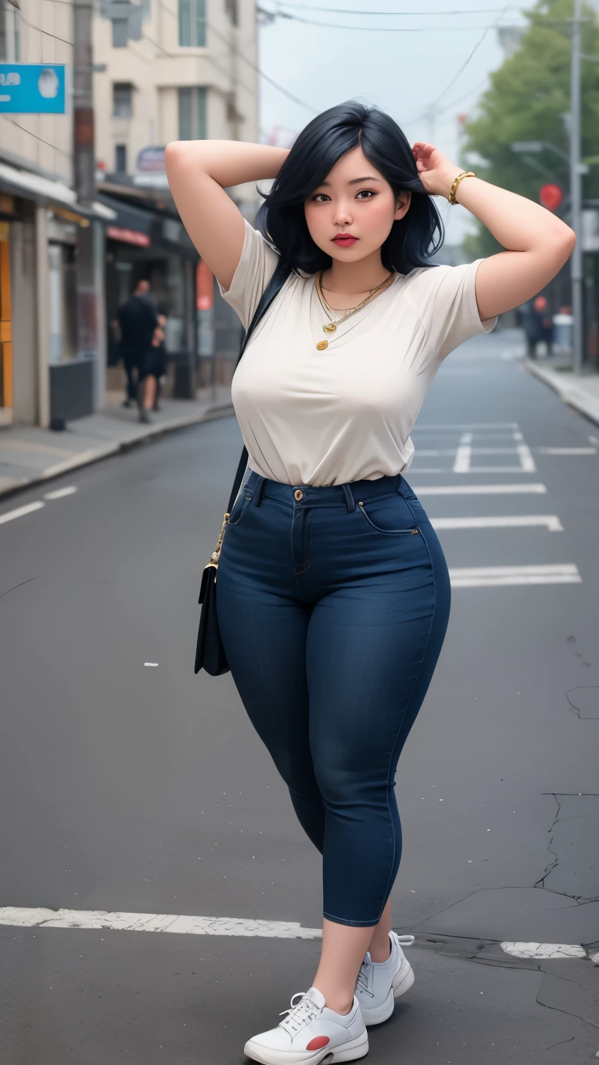 ((best quality)), ((masterpiece)), (detailed), perfect face, 4k, 8k , thick woman, thick body, Indonesian-japanese goddess , blue hair , wavy short hair , wearing sneakers , full body, random casual clothes , slightly fat belly , slightly fat thighs , slightly fat arms, japanese-Indonesian  woman , fat cheeks , Indonesian-japanese woman , wearing gold bracelet , necklace , wearing smartwatch