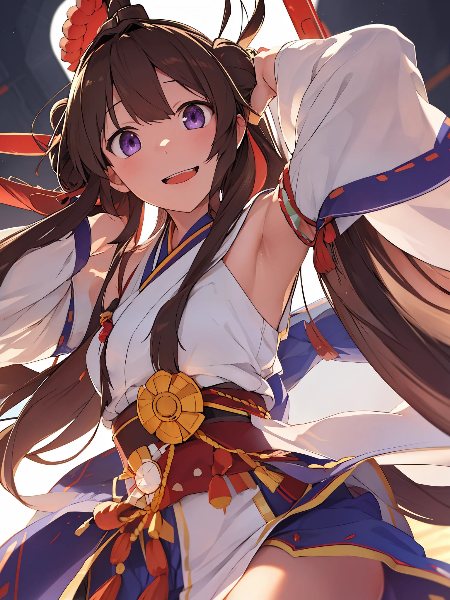 Show your armpits,1 girl, alone, long hair, King Kongu (KanColle), brown hair, double bun, purple eyes, bun hair, Ahoge, open your mouth, non-traditional shrine maiden, removed sleeve, brown eyes, white background, headgear, hair band, smile, ribbon trimの袖, simple background, kimono, ribbon trim, looking at the viewer, Twitter username,wide sleeve, :d, King Kong