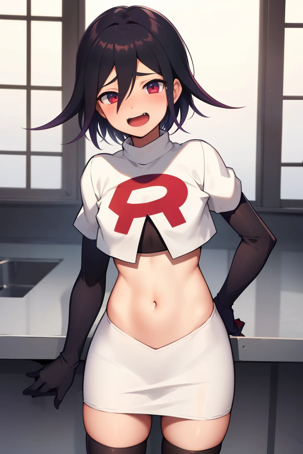 absurdres, cowboy shot, solo, male focus, trap, 1boy, crossdressing,1boy, oma kokichi, team rocket,team rocket uniform,white skirt,red letter R,crop top,black thigh-highs,black elbow gloves, evil laugh, blush