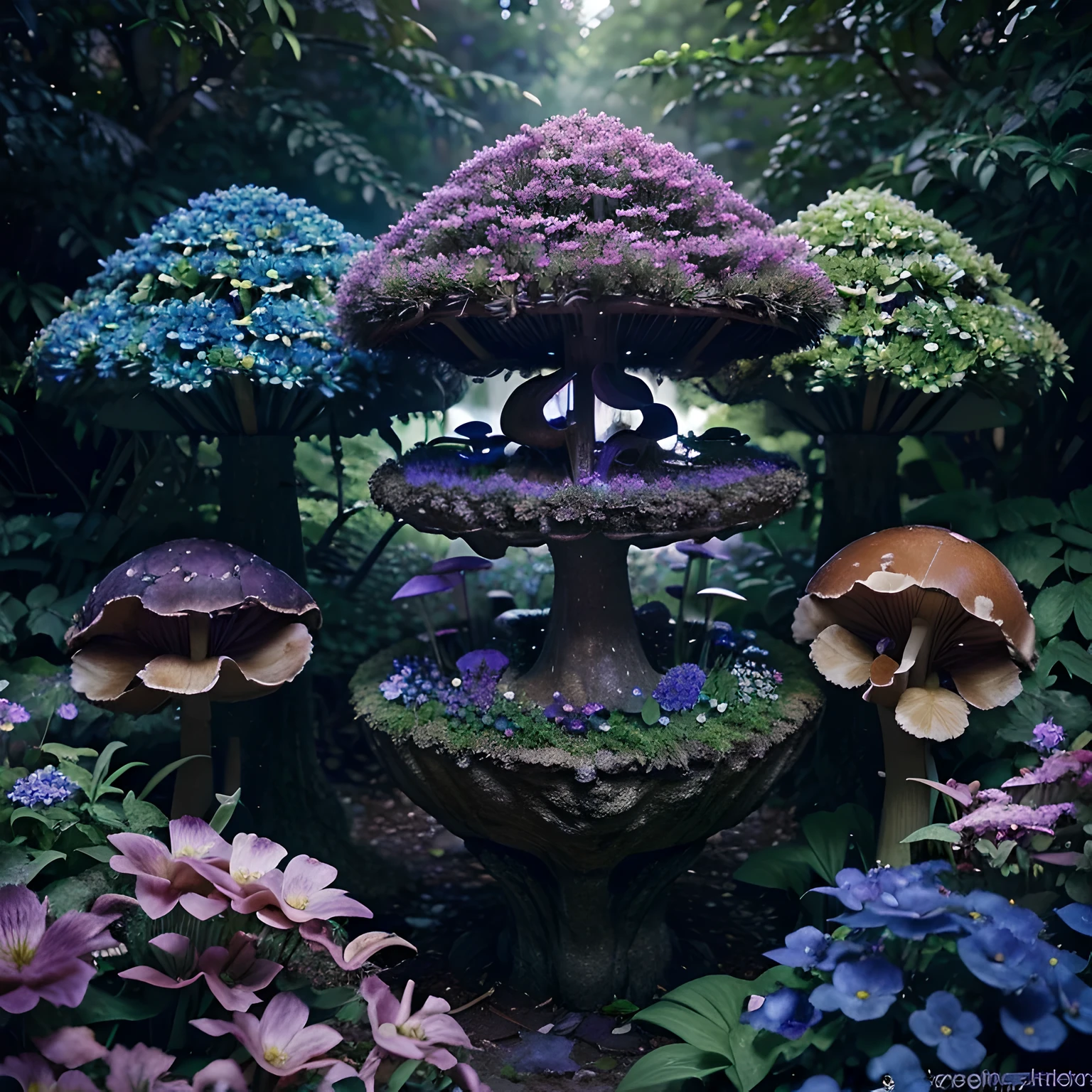 lush plantlife, real, detailed, 8k, high quality, an enchanting and dreamy scene of fantasy/alien forest, mushrooms, creating a sense of mystique and enchantment, lots of blues and purples, garden, water, flowers, depth of field photorealist, crystals