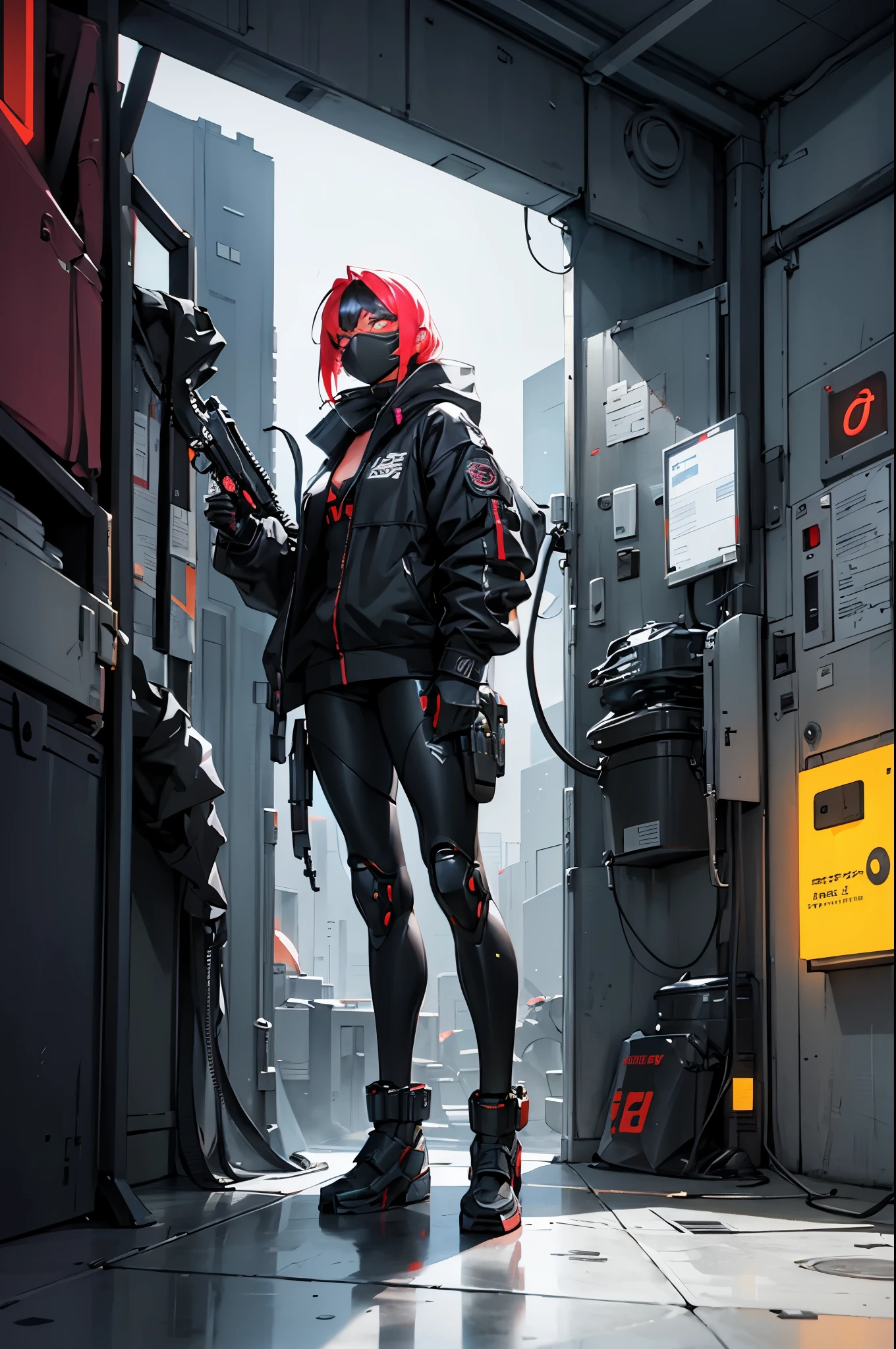Muscle Special Forces Girl,eyes shine, Wearing black special forces equipment, with a gun in hand, full body esbian, Shoot at knee height, cyber punk, neon light, futuristic, surrealism, red,。.。.。.3D, redshift, Maxon Cinema 4D, Quaixel Megascan Rendering, Doomsday color, red light, futuristic, 1/3, high detail, super high quality, phantom engine, 8K,